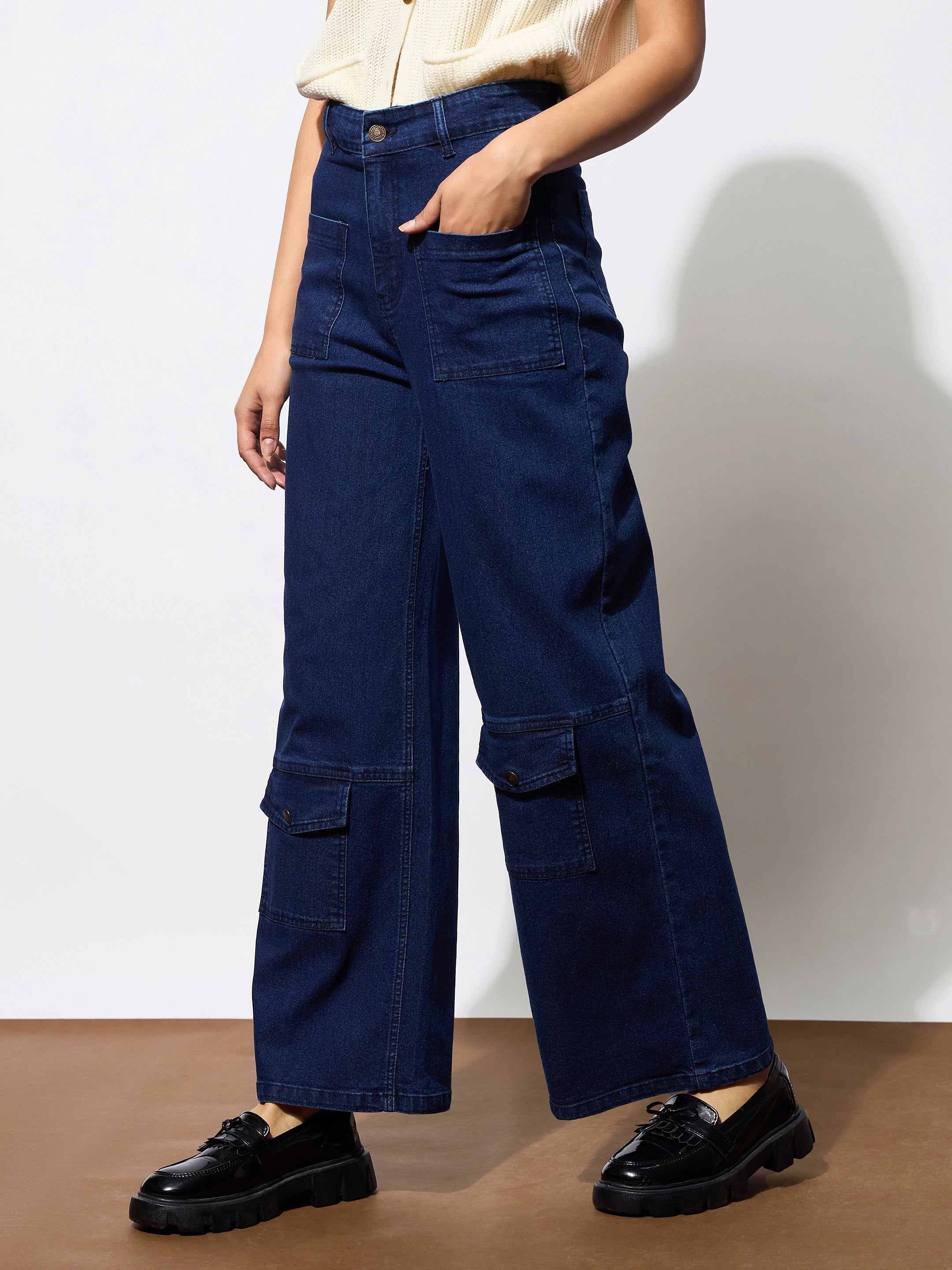 Women's Navy Blue Multi Pocket Stretch Straight Jeans