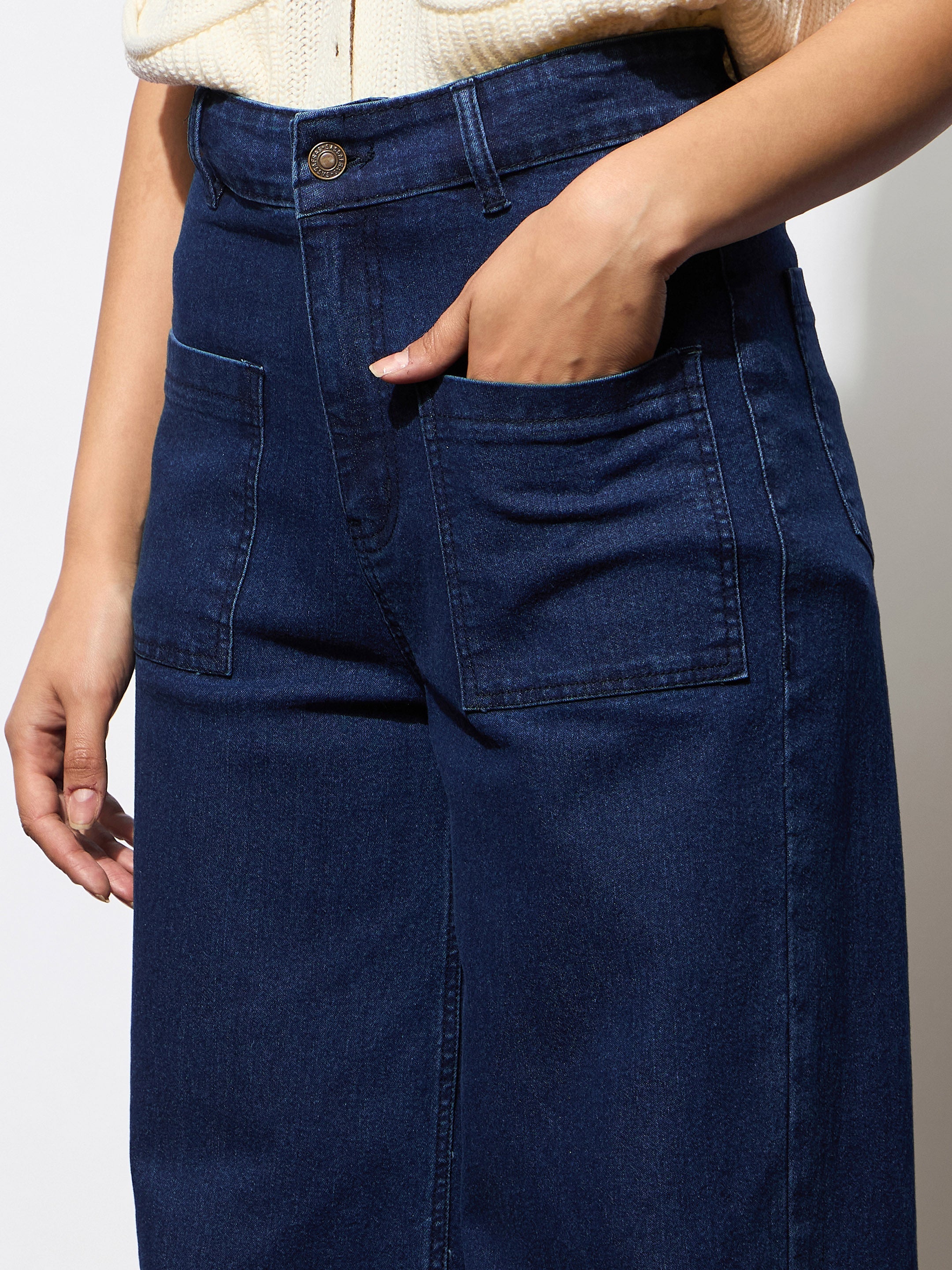 Women's Navy Blue Multi Pocket Stretch Straight Jeans