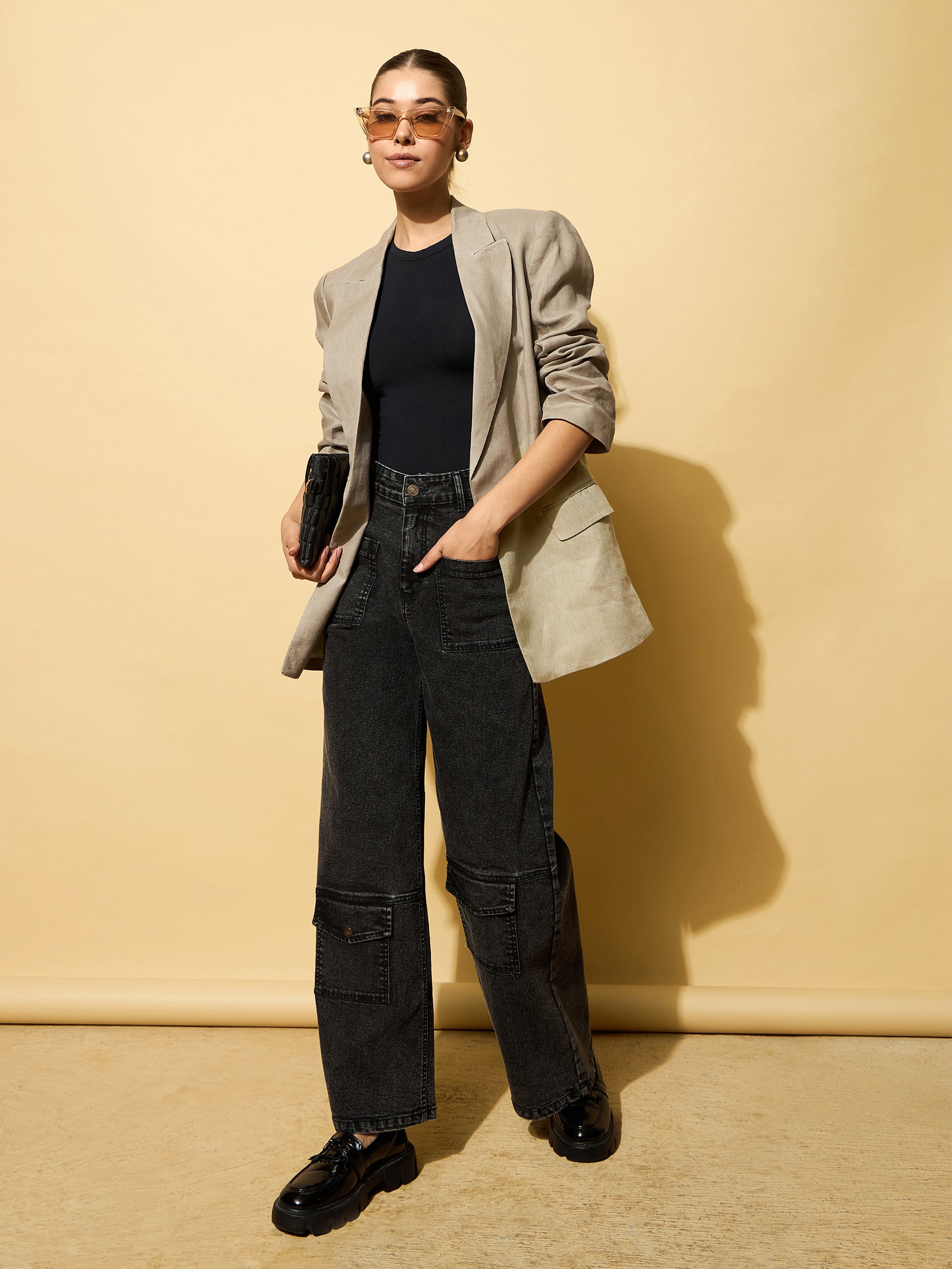 Women's Black Wash Multi Pocket Stretch Straight Jeans