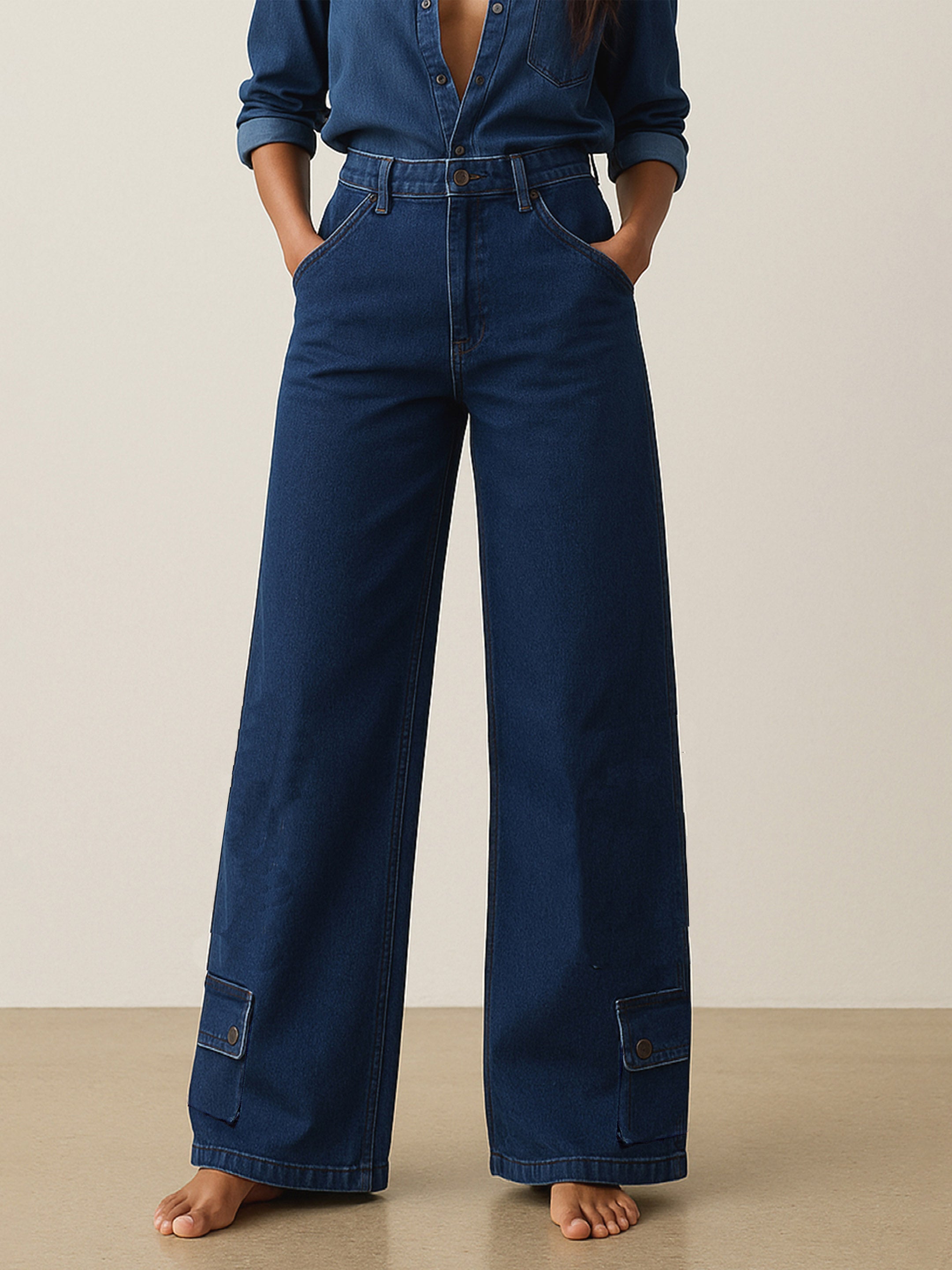 Women's Blue Washed Hem Pocket Stretch Straight Jeans