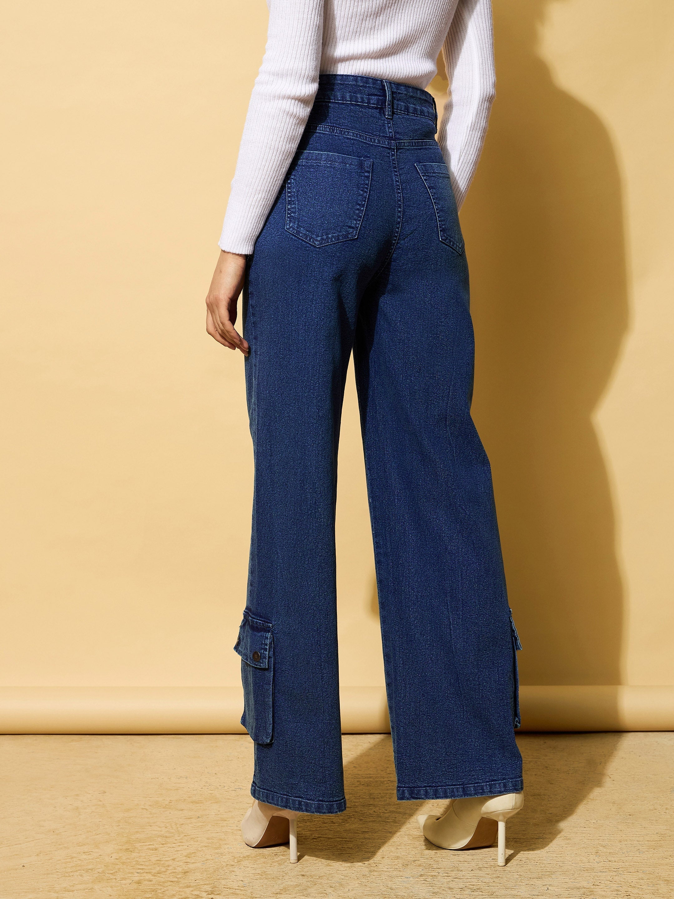 Women's Blue Washed Hem Pocket Stretch Straight Jeans