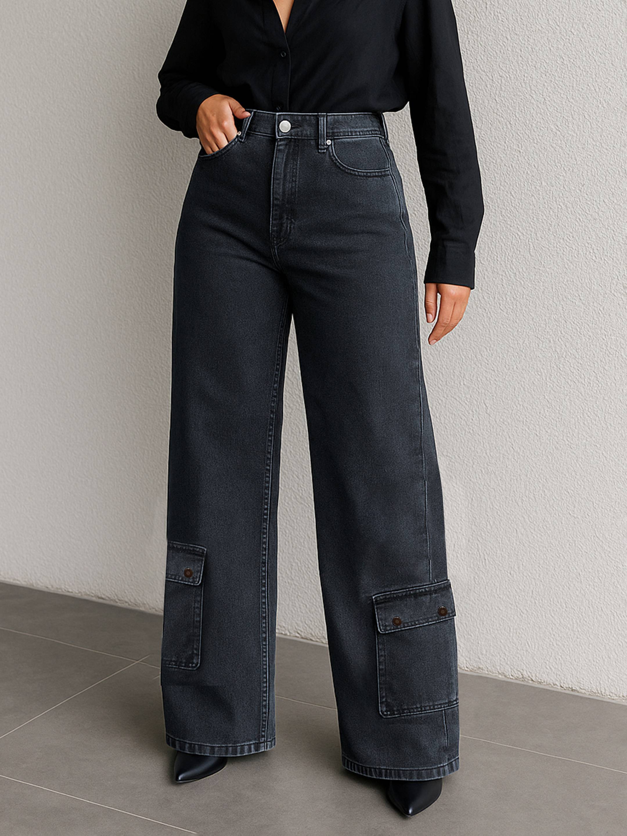 Women's Black Washed Hem Pocket Stretch Straight Jeans