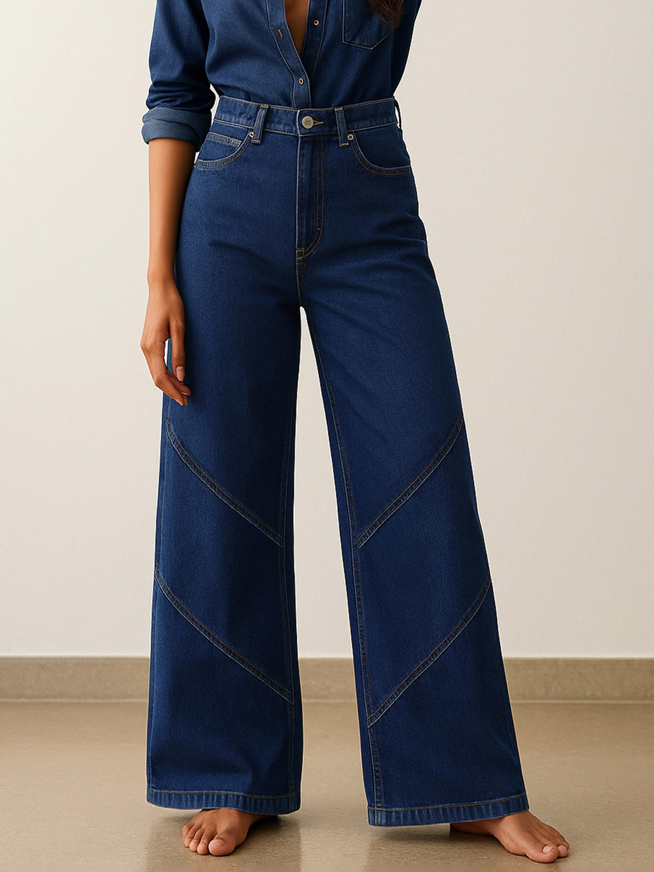 Women's Navy High-Rise Stitch Detail Straight Jeans