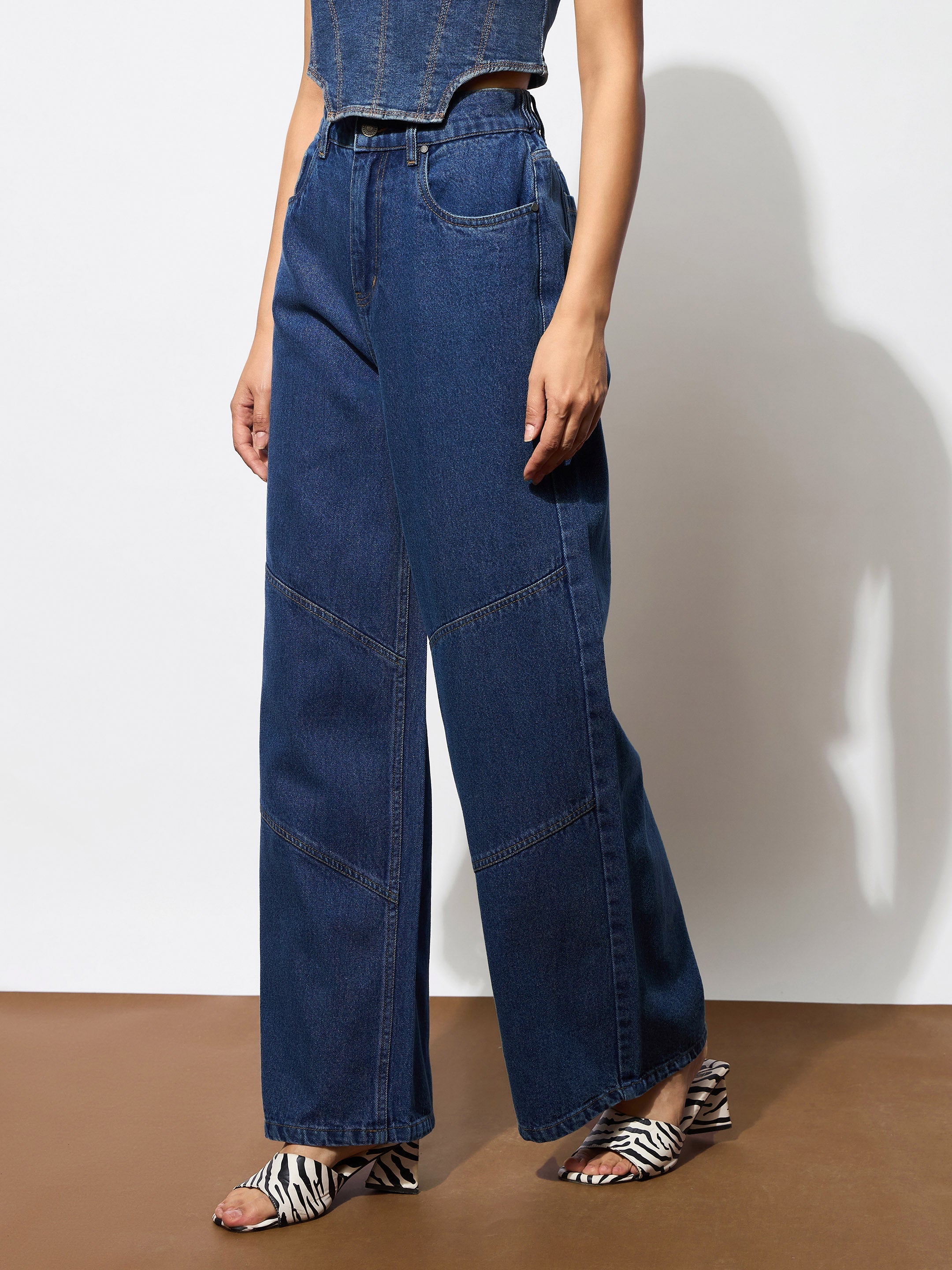 Women's Navy High-Rise Stitch Detail Straight Jeans