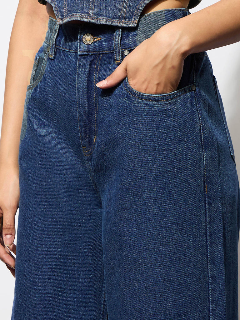 Women's Navy High-Rise Stitch Detail Straight Jeans