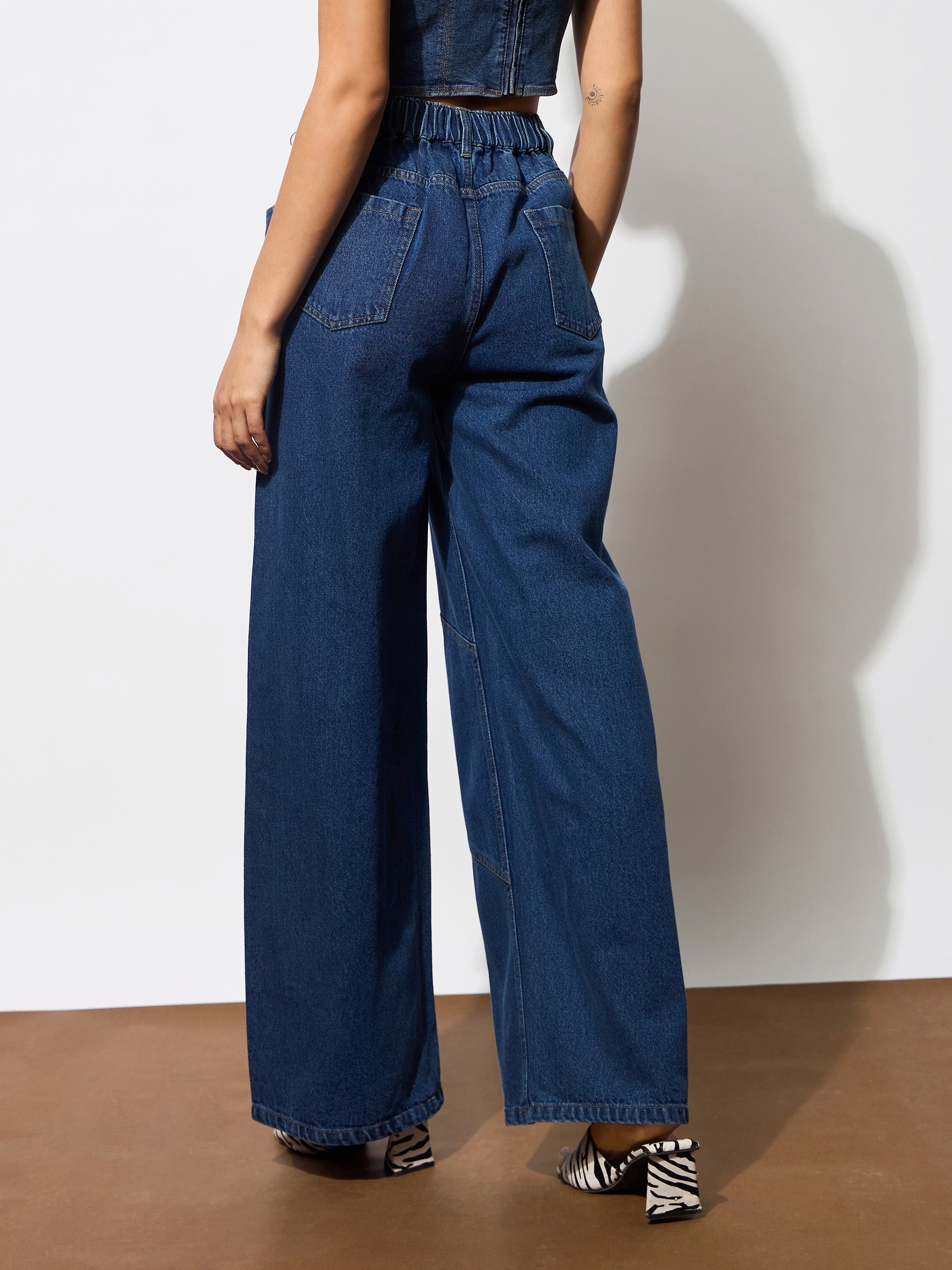 Women's Navy High-Rise Stitch Detail Straight Jeans