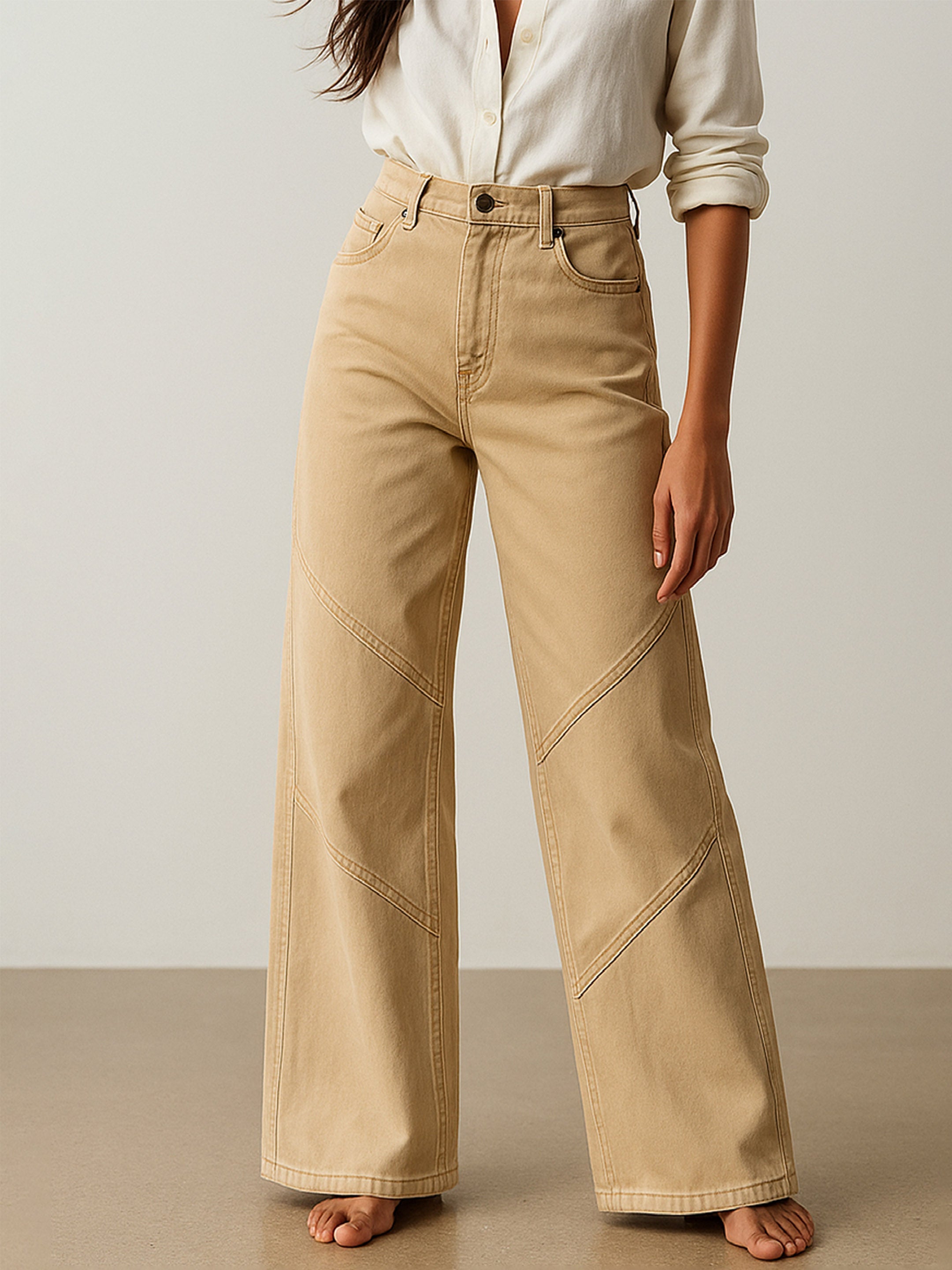 Women's Beige High-Rise Stitch Detail Straight Jeans