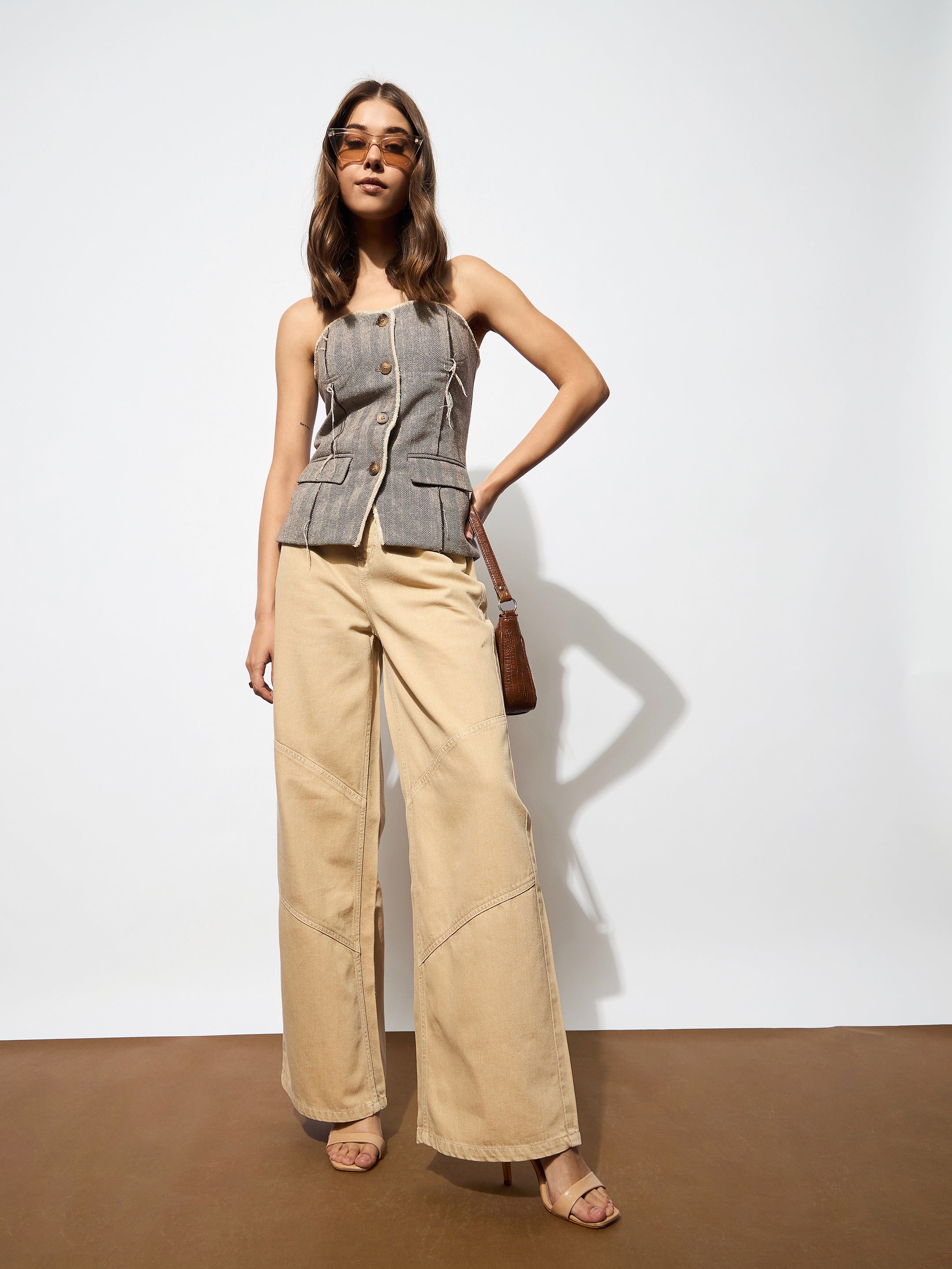 Women's Beige High-Rise Stitch Detail Straight Jeans
