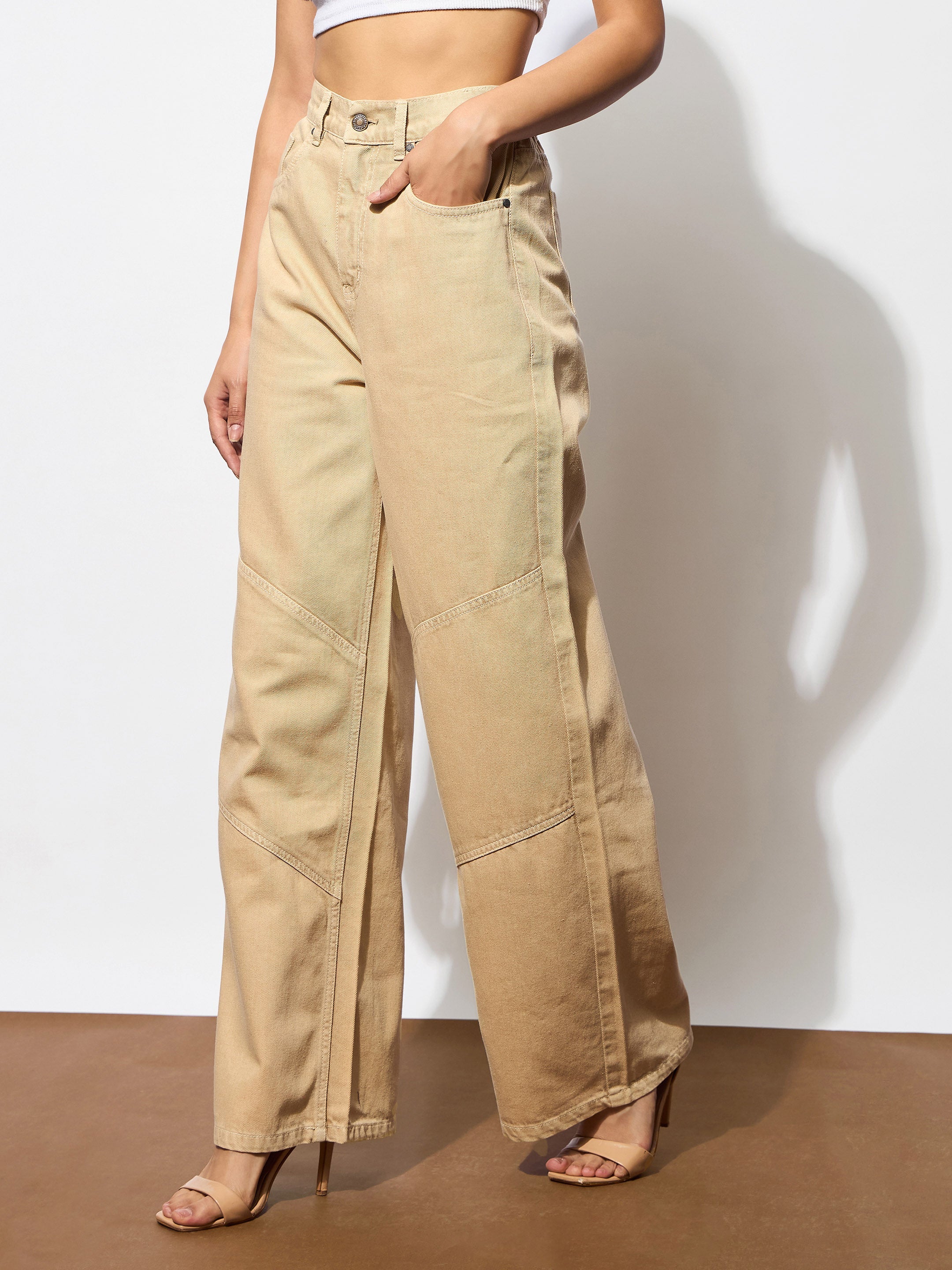 Women's Beige High-Rise Stitch Detail Straight Jeans
