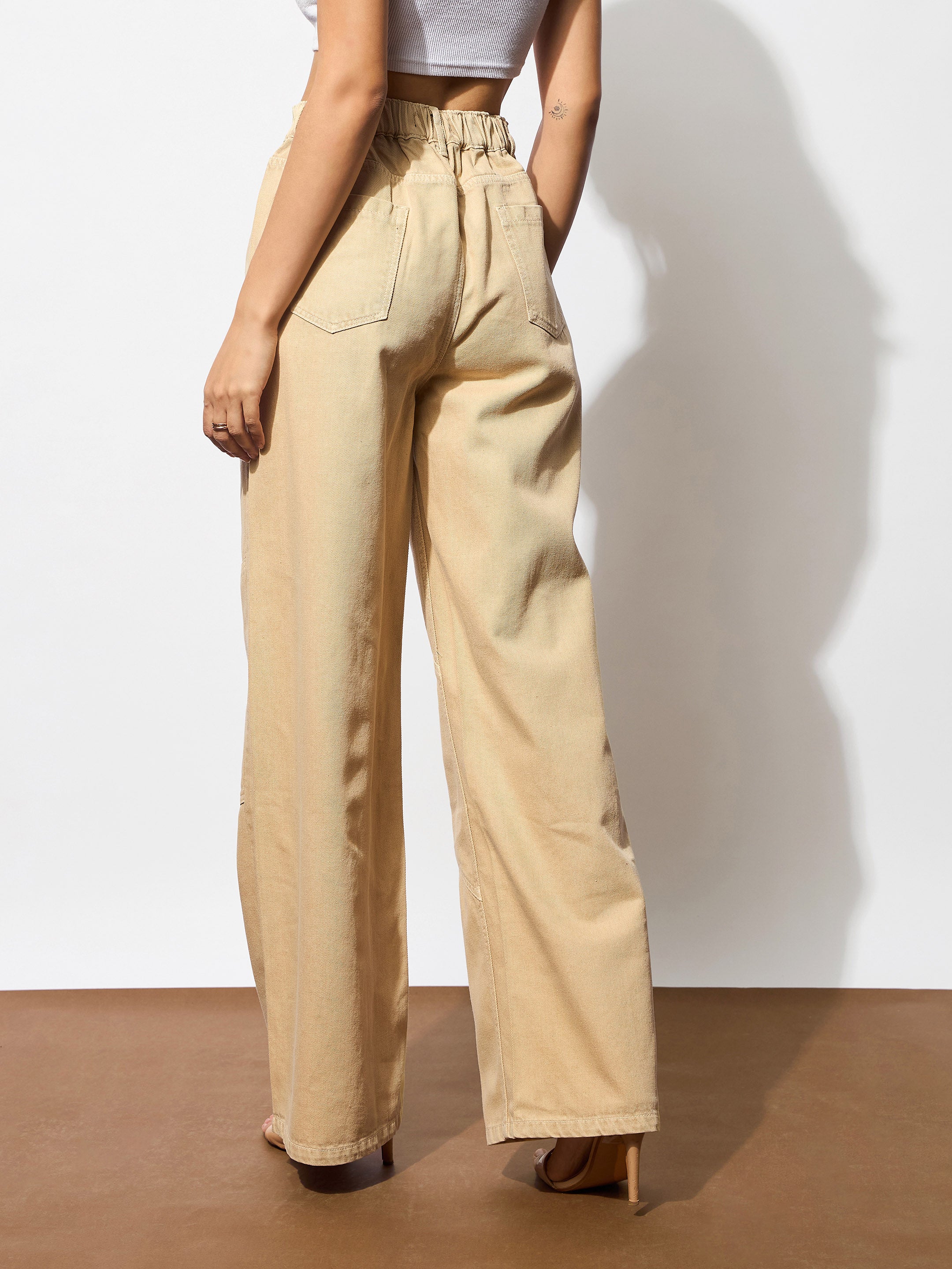 Women's Beige High-Rise Stitch Detail Straight Jeans
