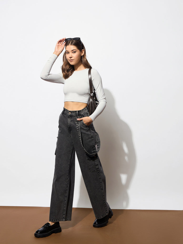 Women's Black Washed Denim Side Pockets Loop Jeans