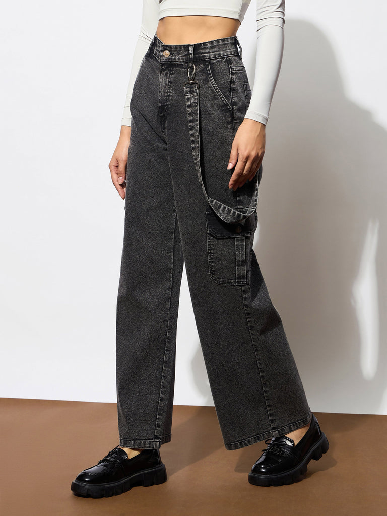 Women's Black Washed Denim Side Pockets Loop Jeans