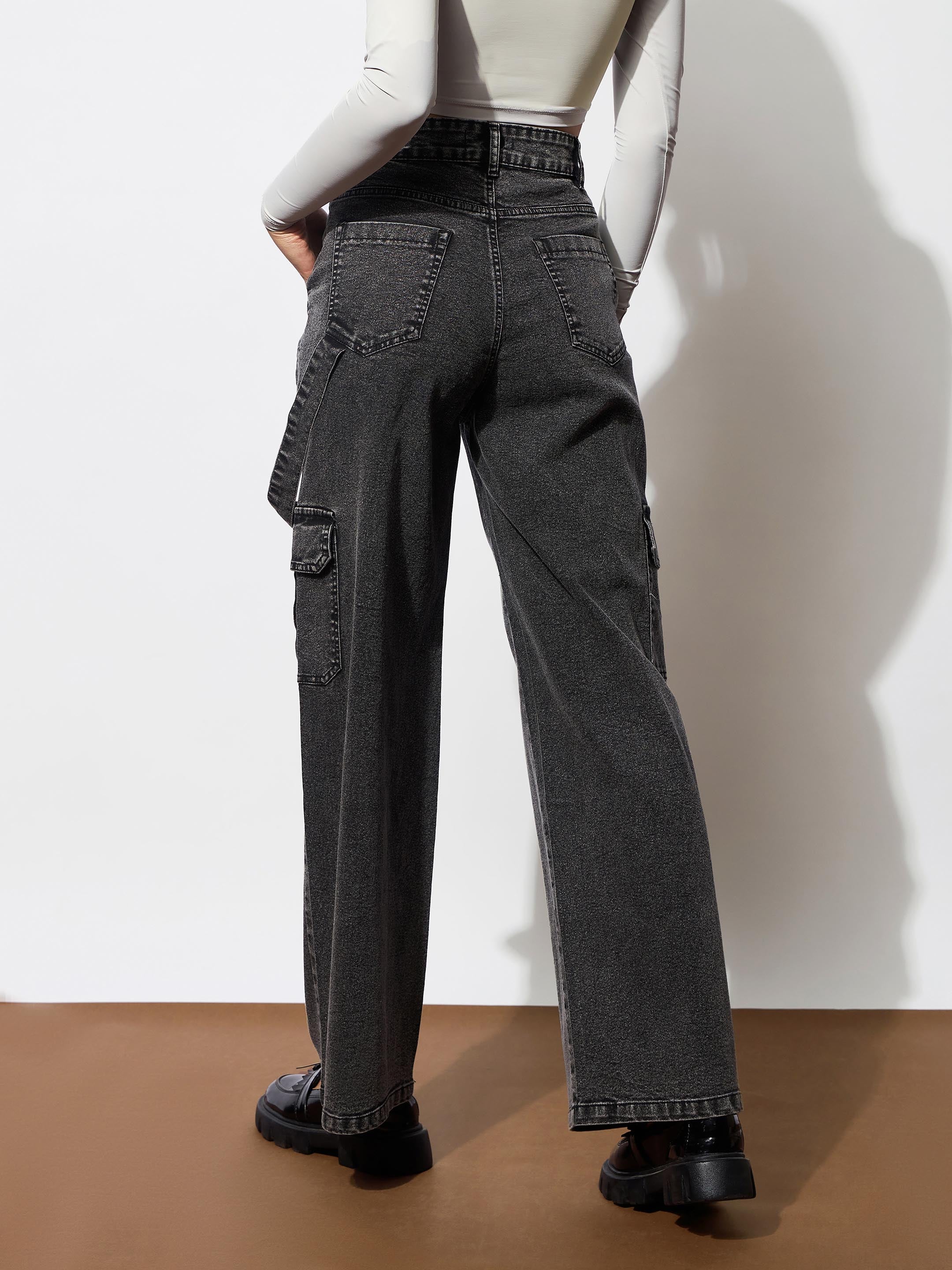 Women's Black Washed Denim Side Pockets Loop Jeans