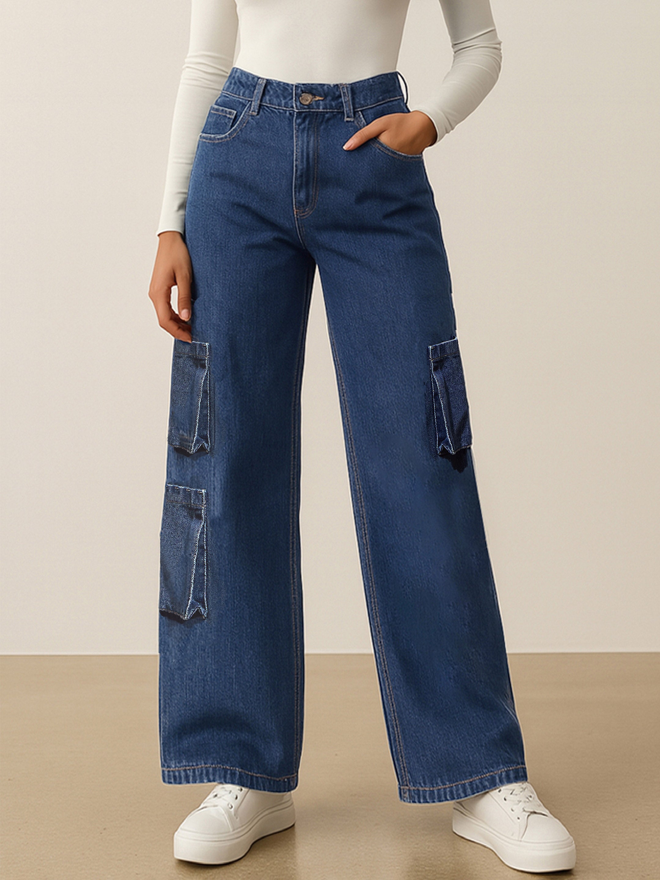 Women's Blue Box Pocket Straight Cargo Jeans