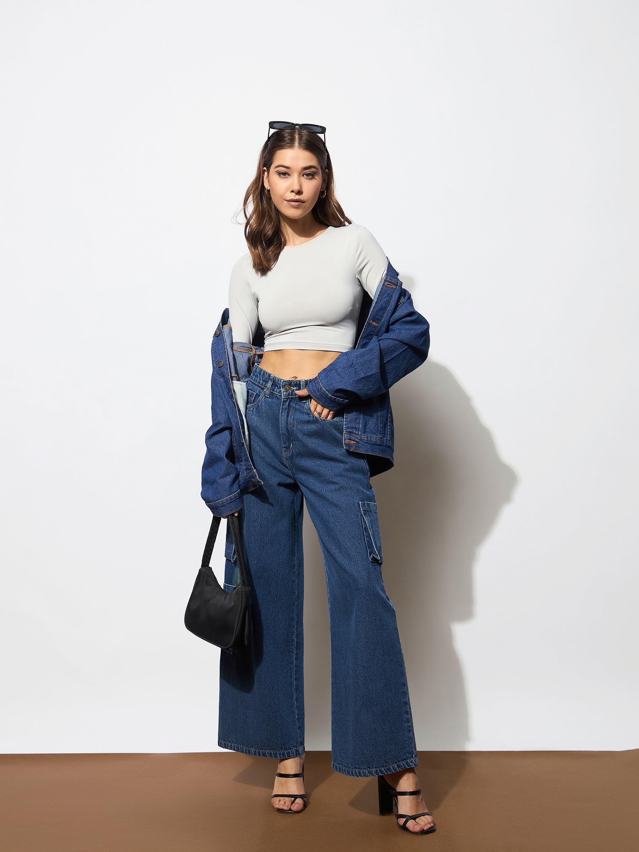 Women's Blue Box Pocket Straight Cargo Jeans