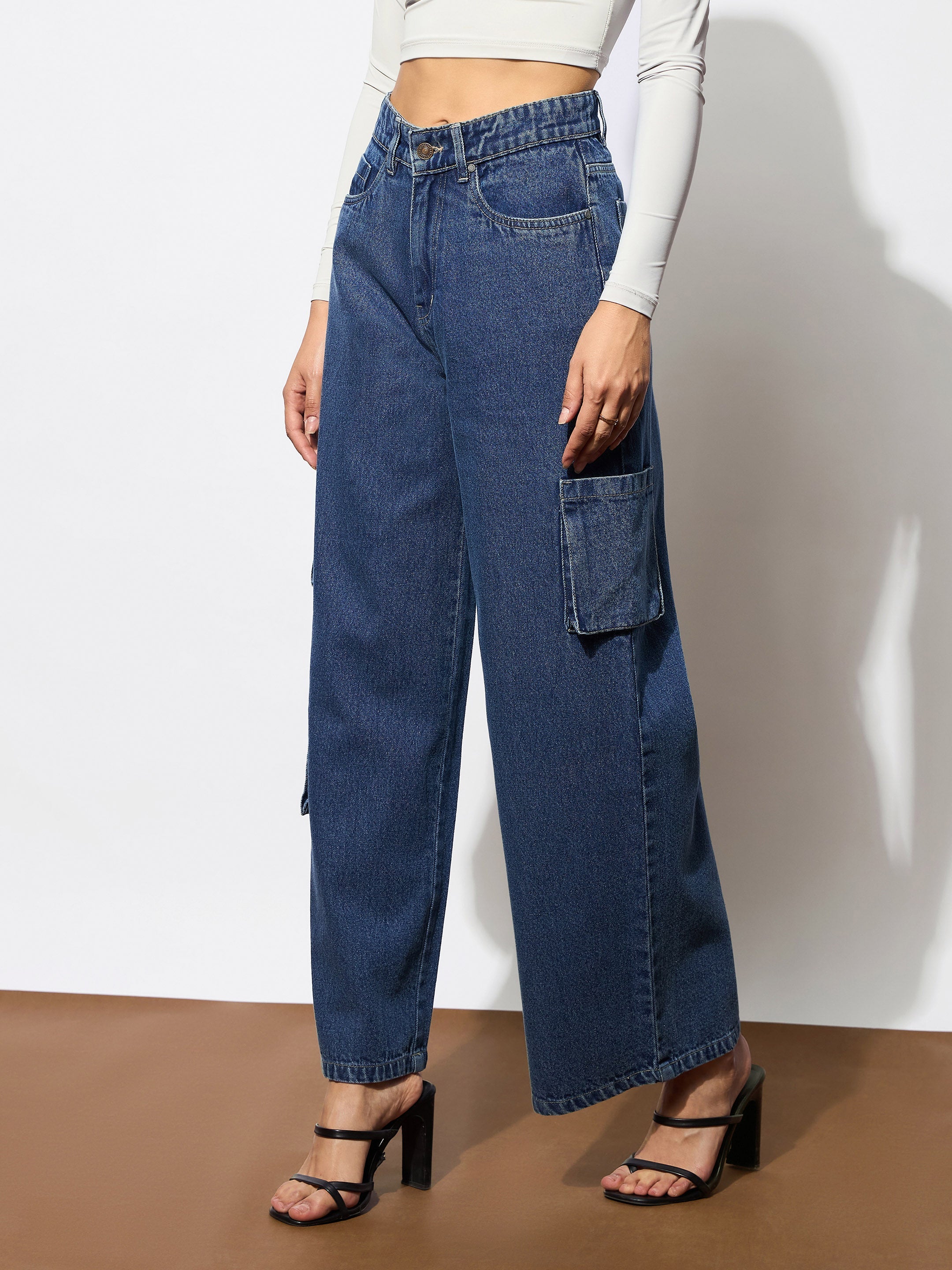 Women's Blue Box Pocket Straight Cargo Jeans