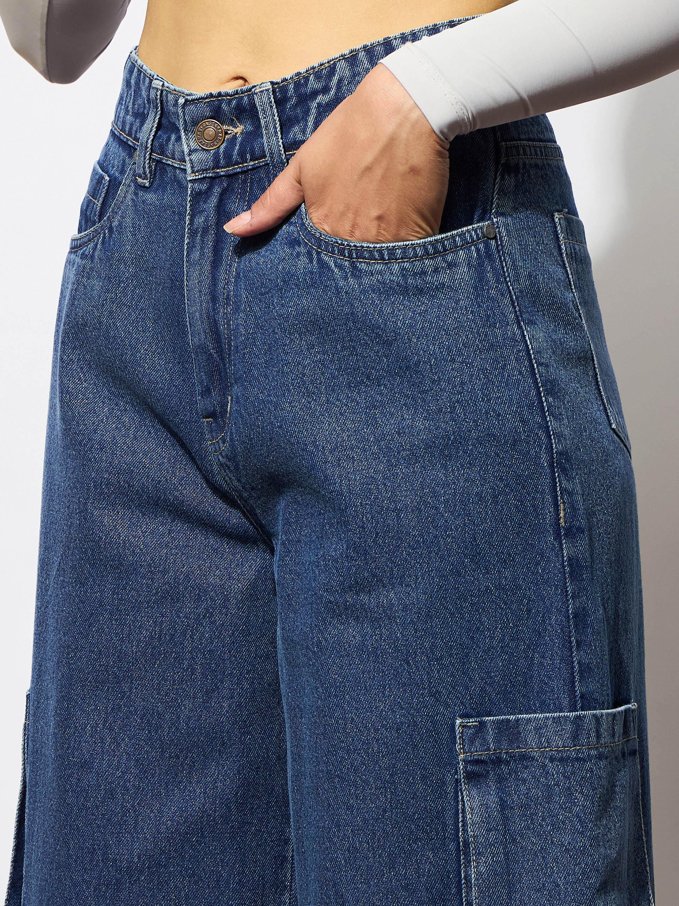 Women's Blue Box Pocket Straight Cargo Jeans