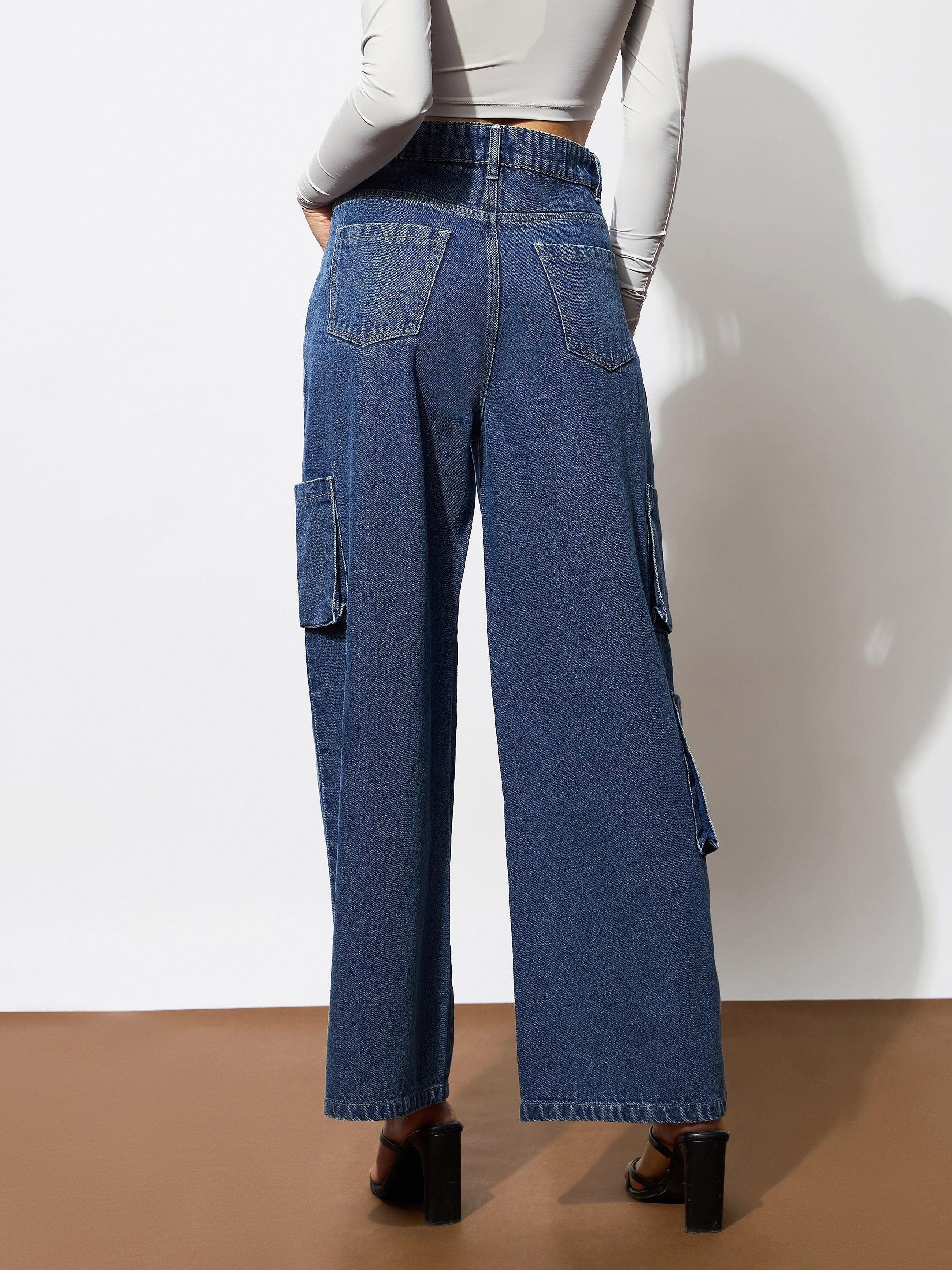 Women's Blue Box Pocket Straight Cargo Jeans