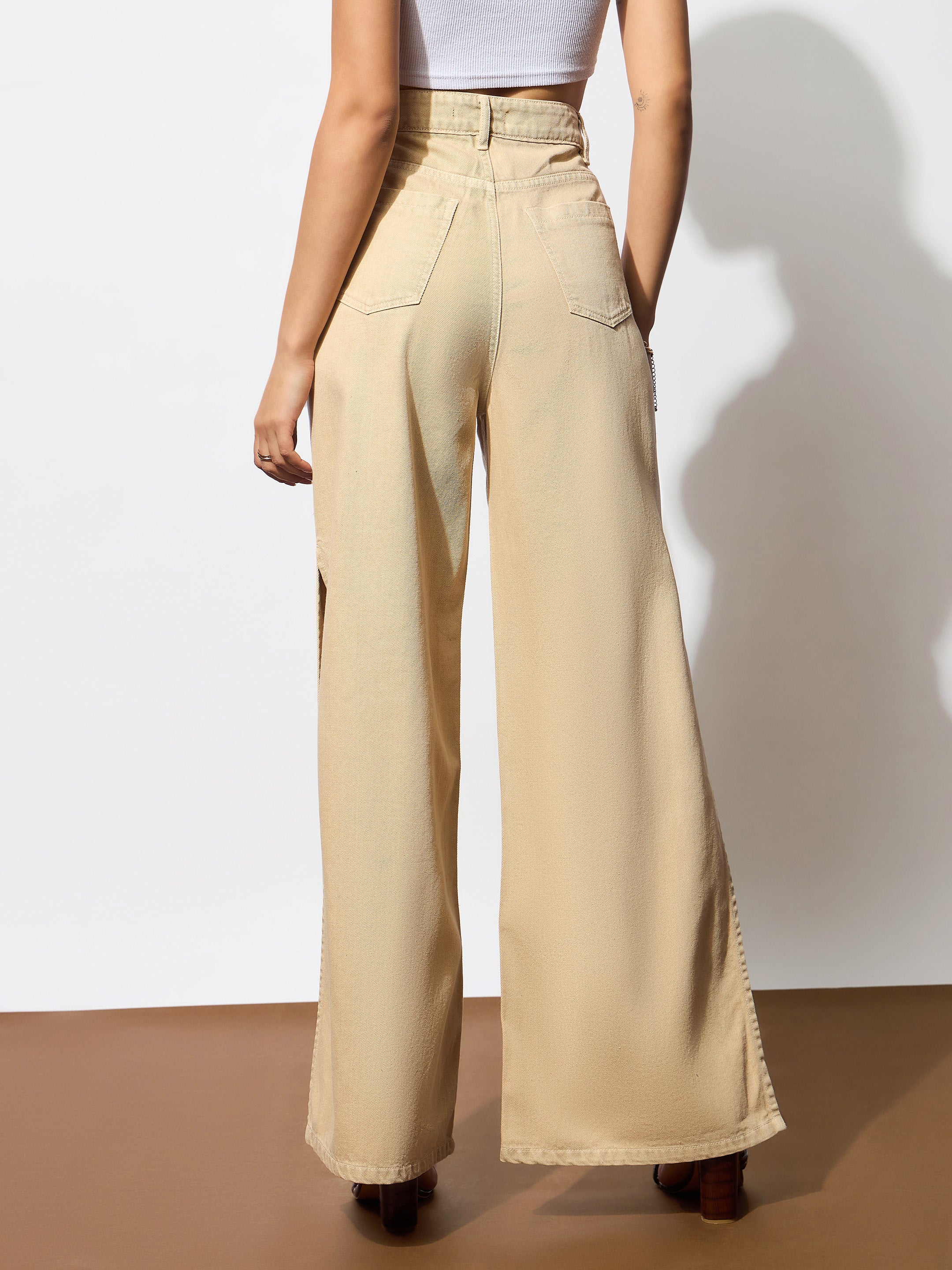 Women's Beige Side Slit Wide Leg Jeans