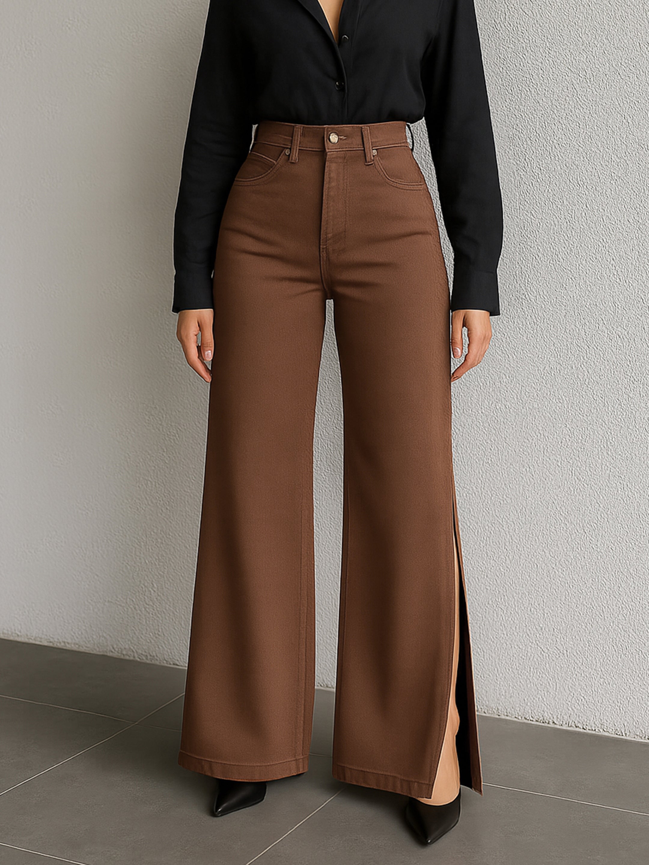 Women's Brown Side Slit Wide Leg Jeans