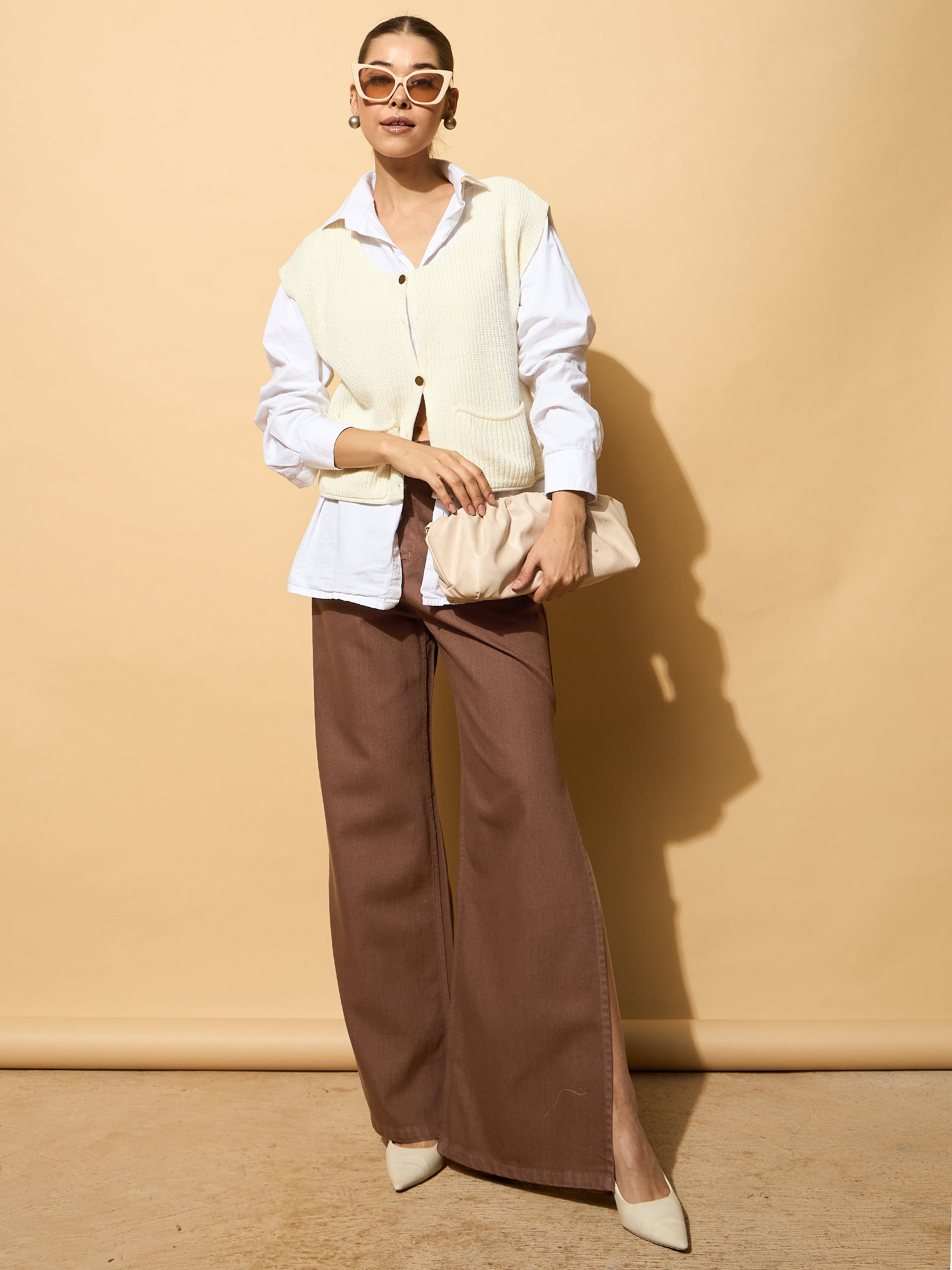 Women's Brown Side Slit Wide Leg Jeans