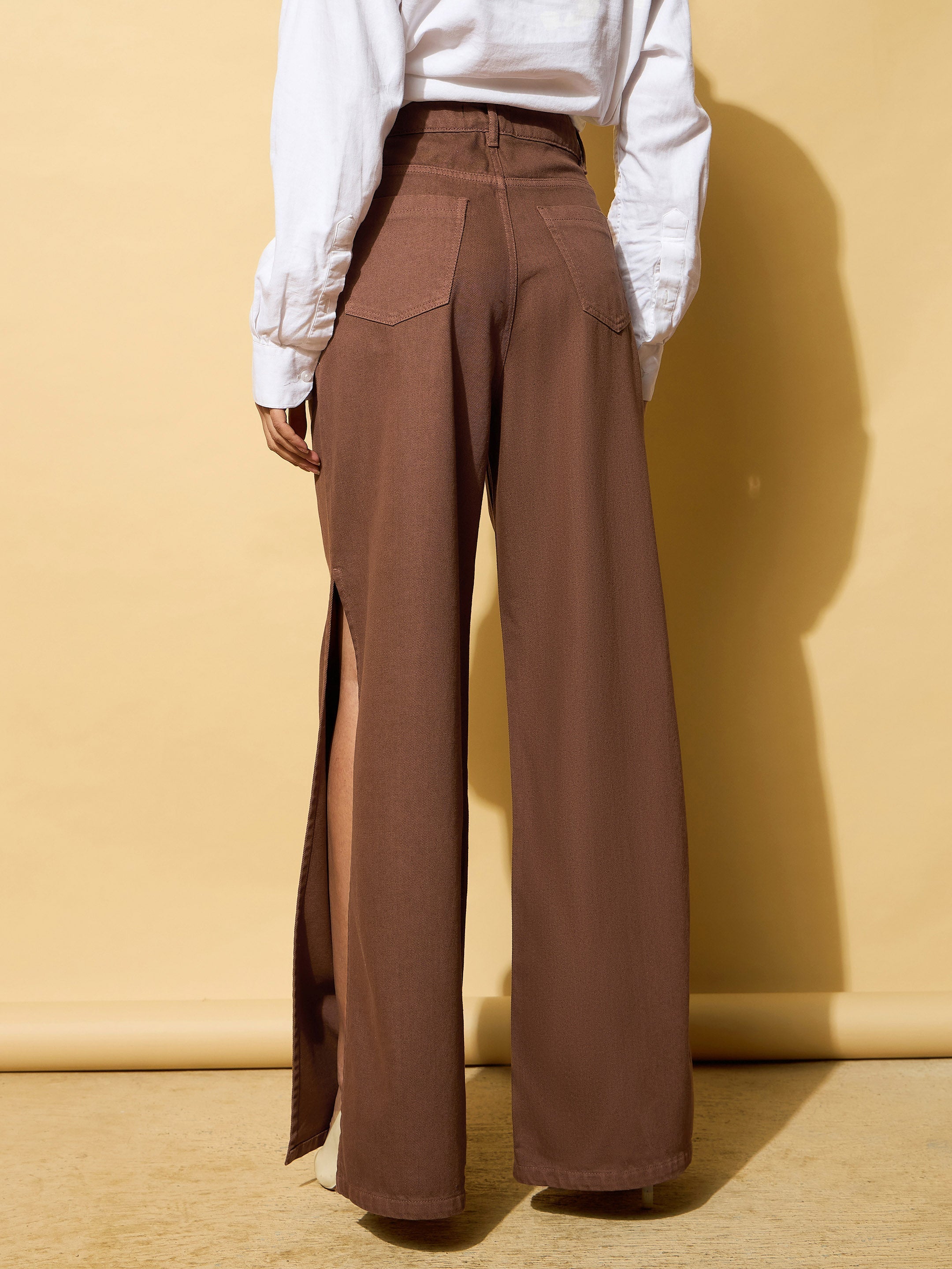 Women's Brown Side Slit Wide Leg Jeans