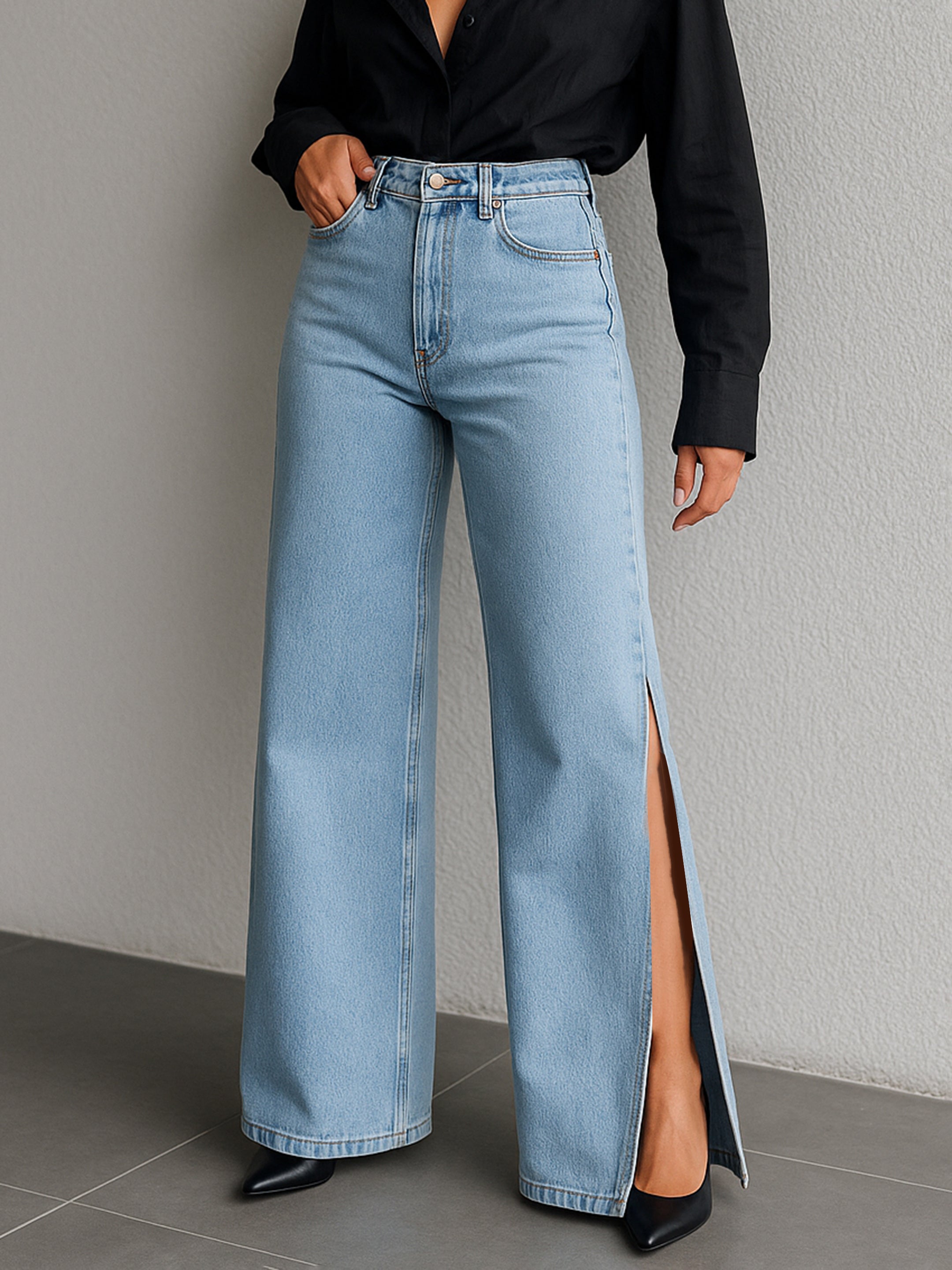 Women's Blue Side Slit Wide Leg Jeans
