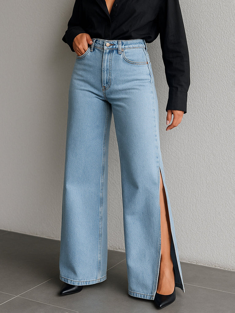 Women's Blue Side Slit Wide Leg Jeans