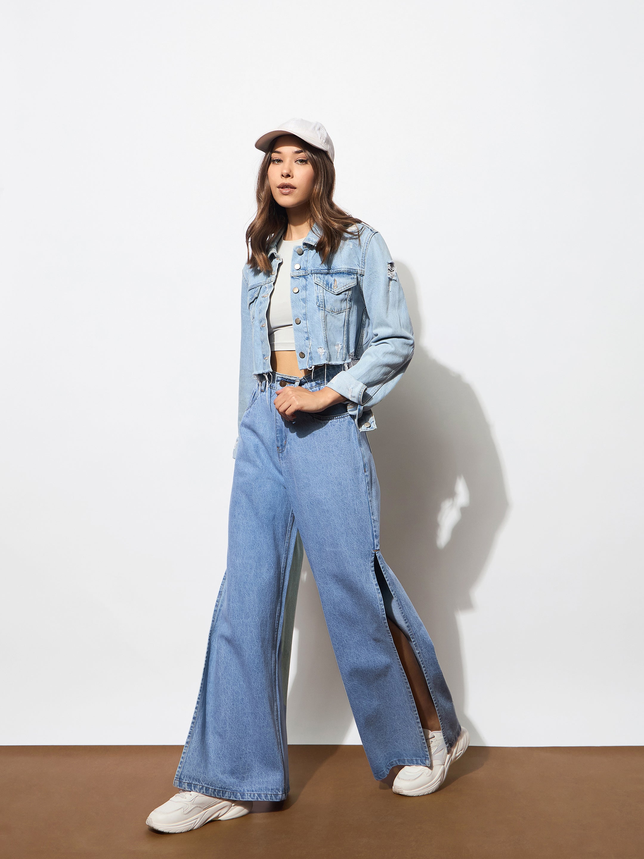 Women's Blue Side Slit Wide Leg Jeans