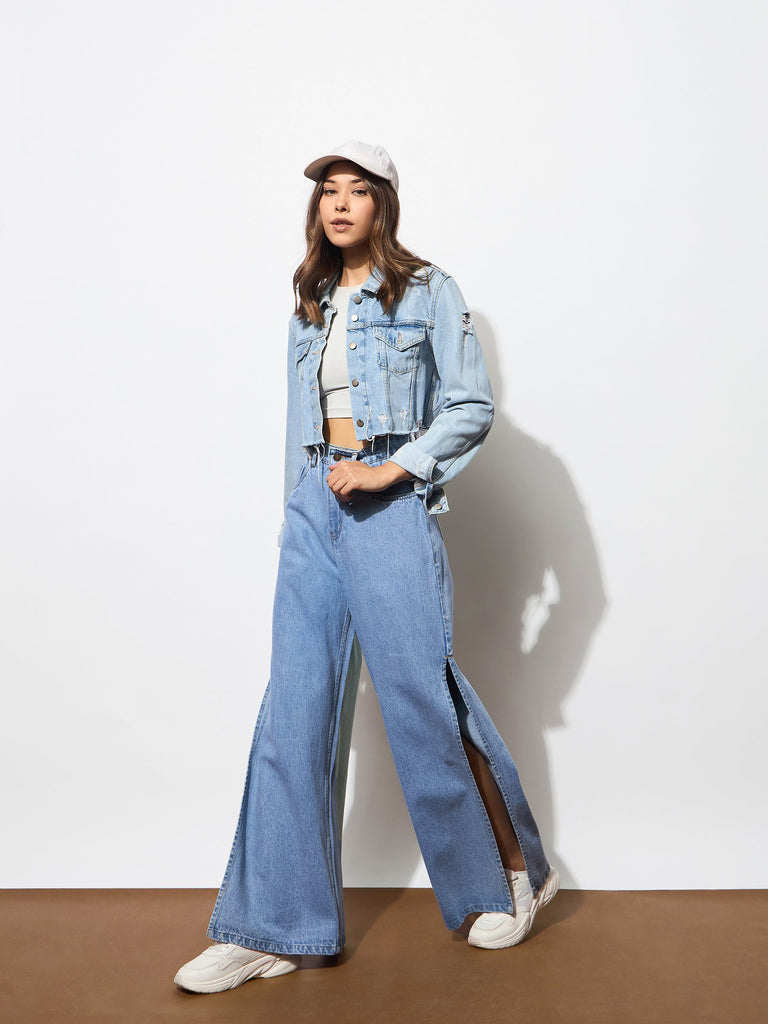 Women's Blue Side Slit Wide Leg Jeans