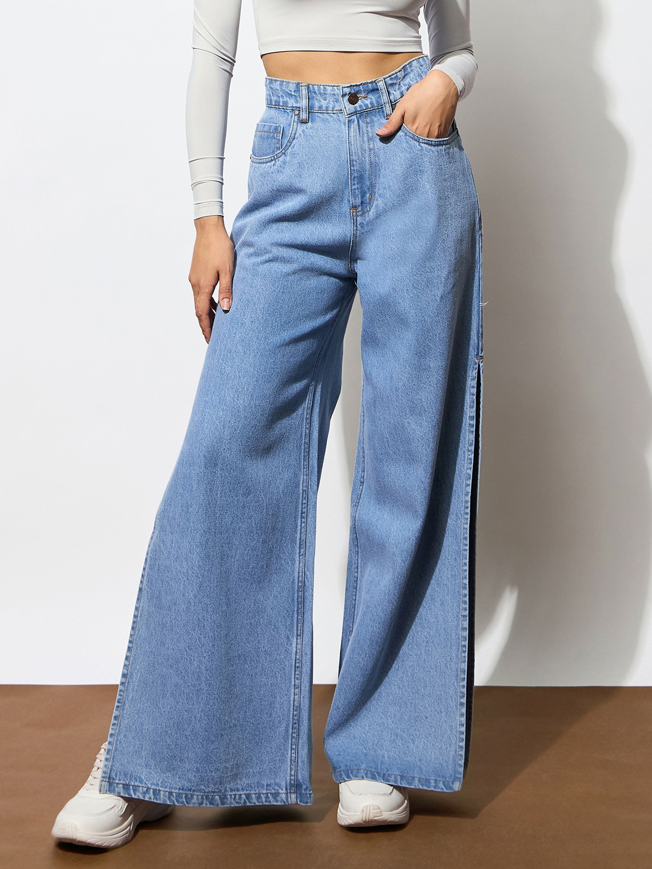 Women's Blue Side Slit Wide Leg Jeans