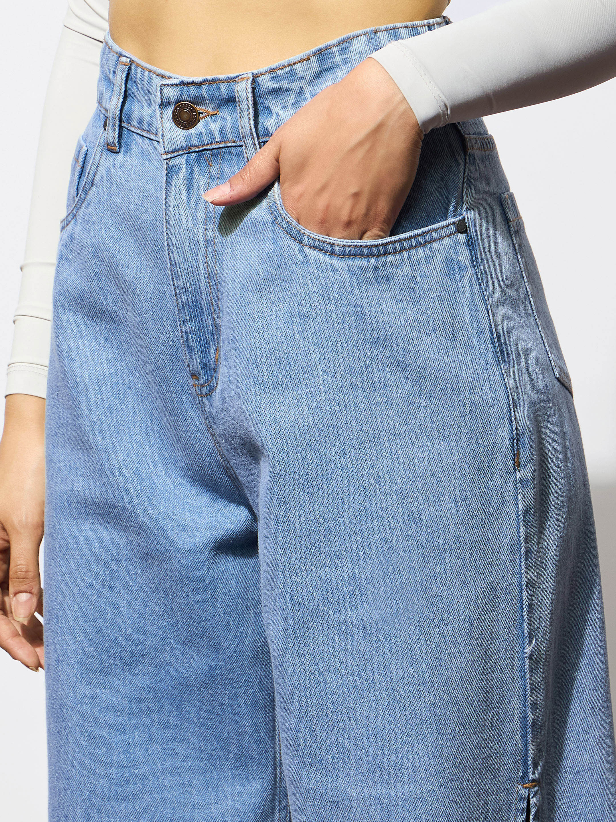 Women's Blue Side Slit Wide Leg Jeans