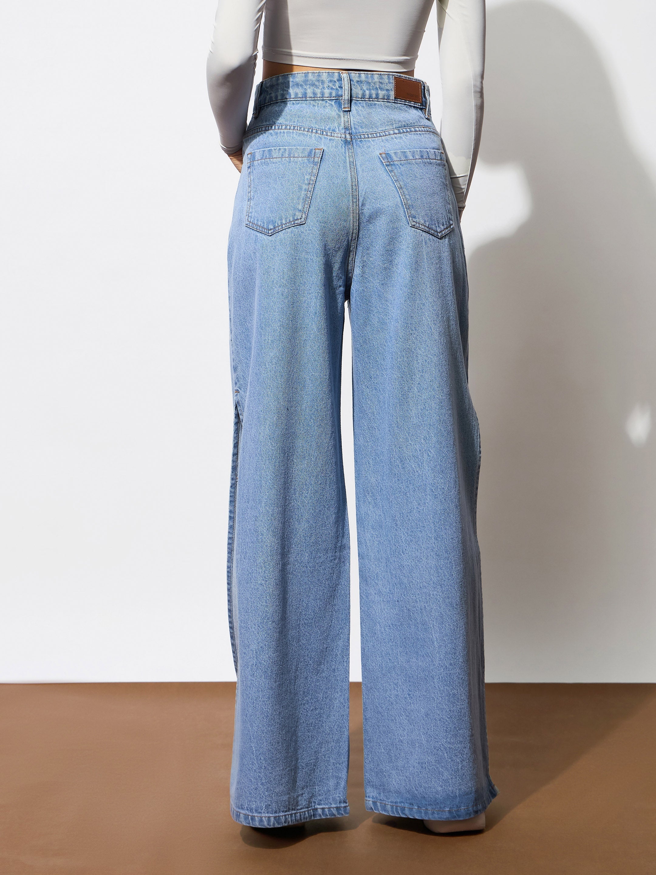 Women's Blue Side Slit Wide Leg Jeans