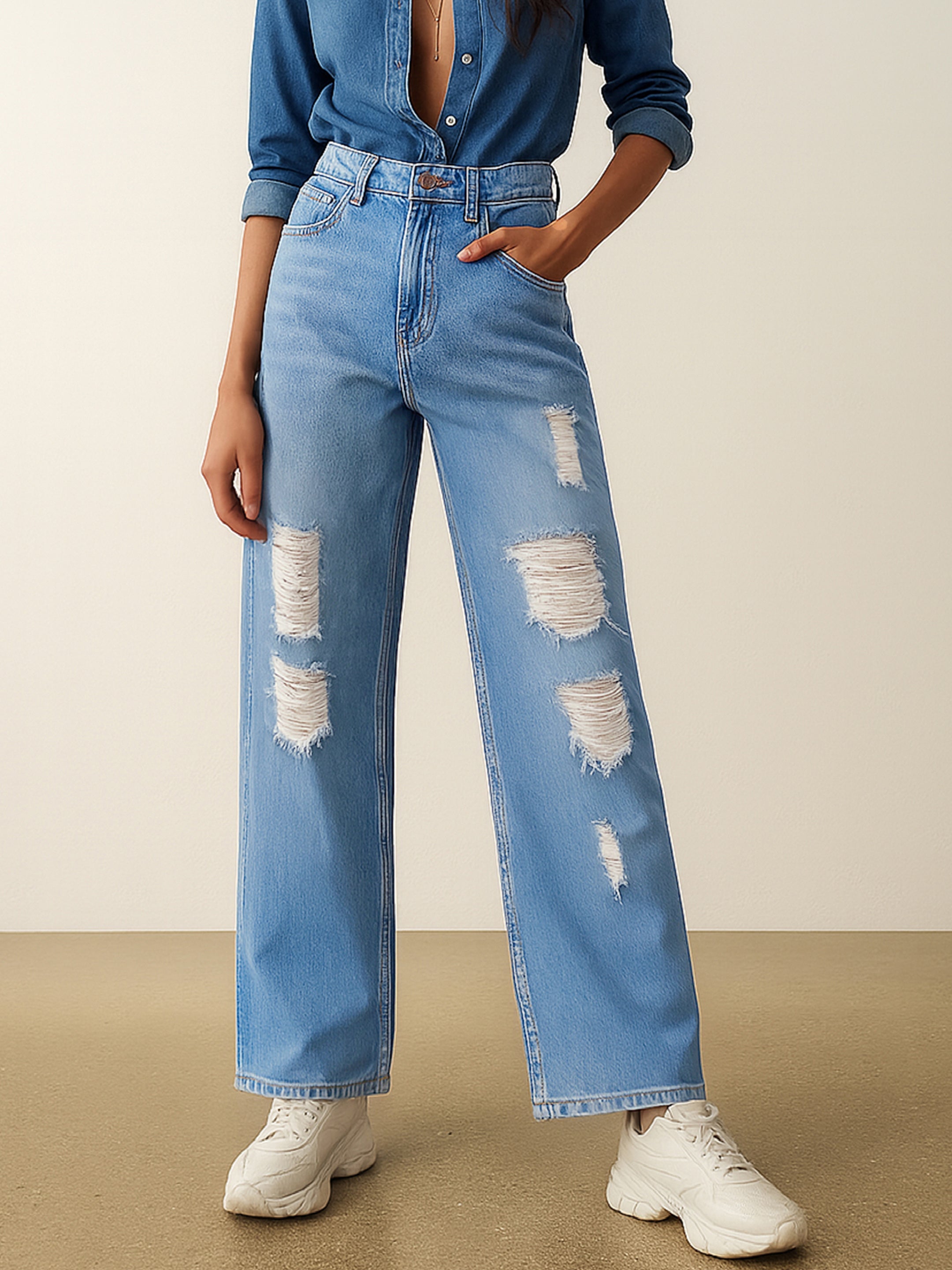 Women's Light Blue Heavy Distressed Straight Frayed Jeans