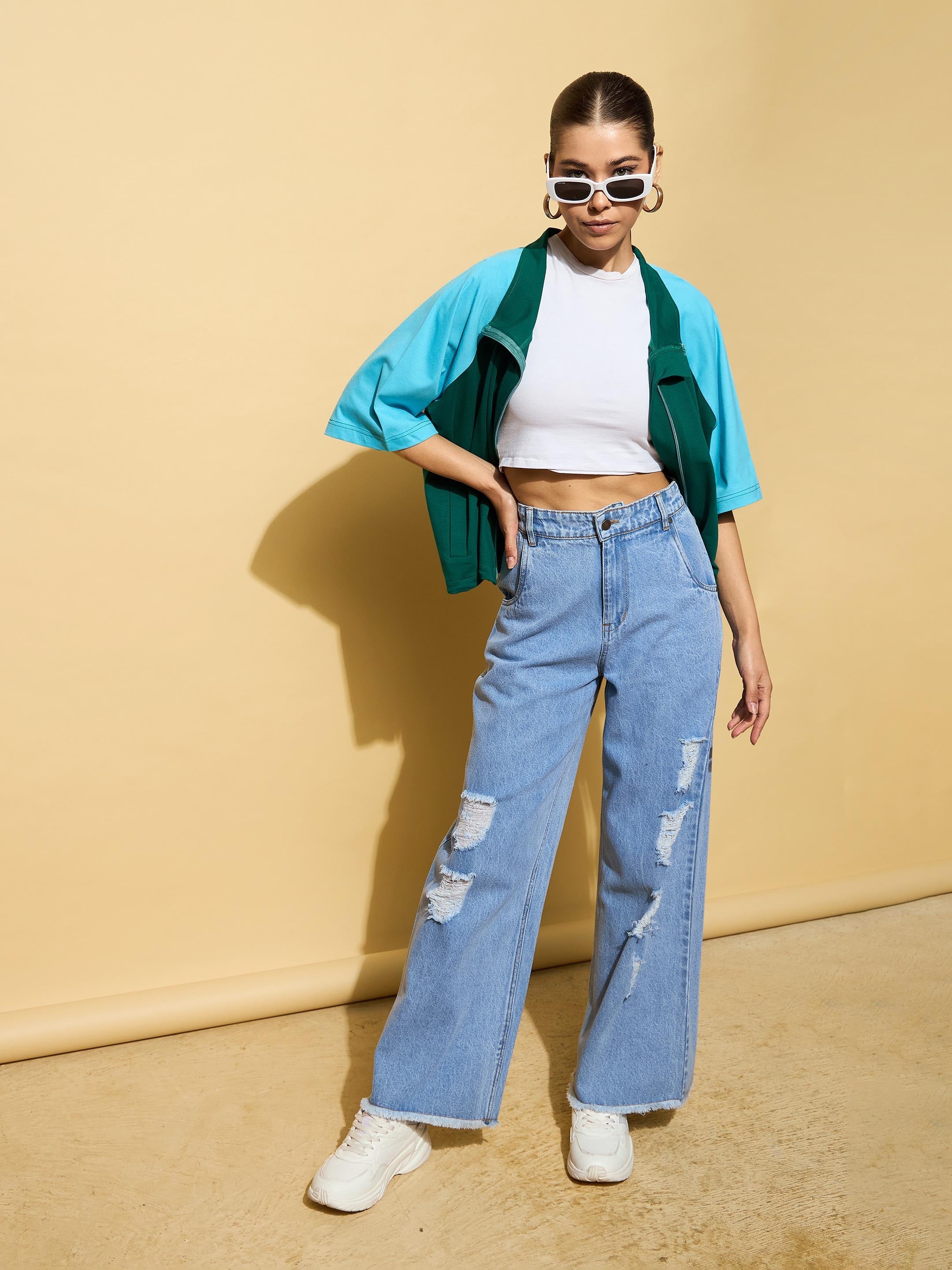 Women's Light Blue Heavy Distressed Straight Frayed Jeans