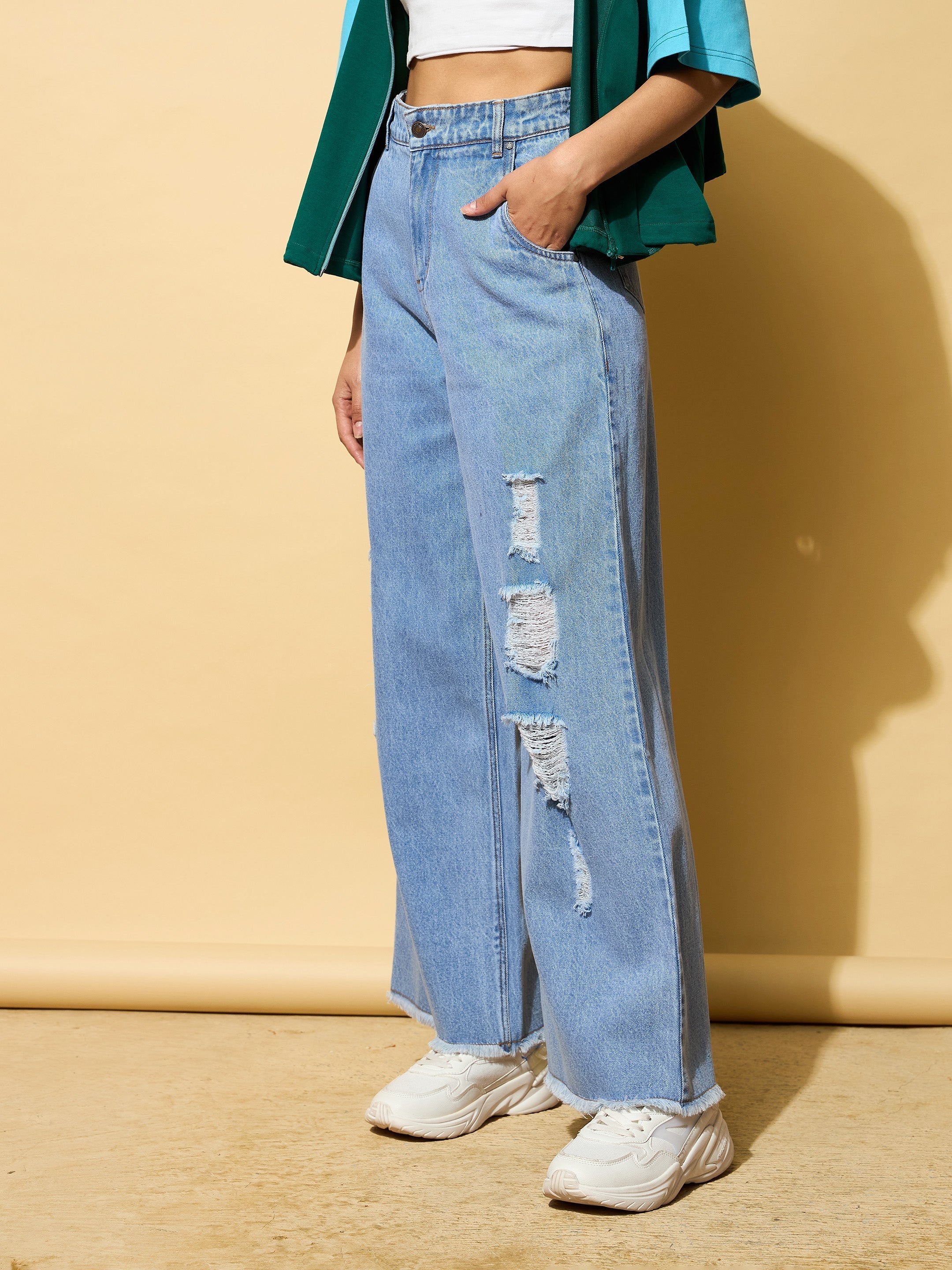 Women's Light Blue Heavy Distressed Straight Frayed Jeans