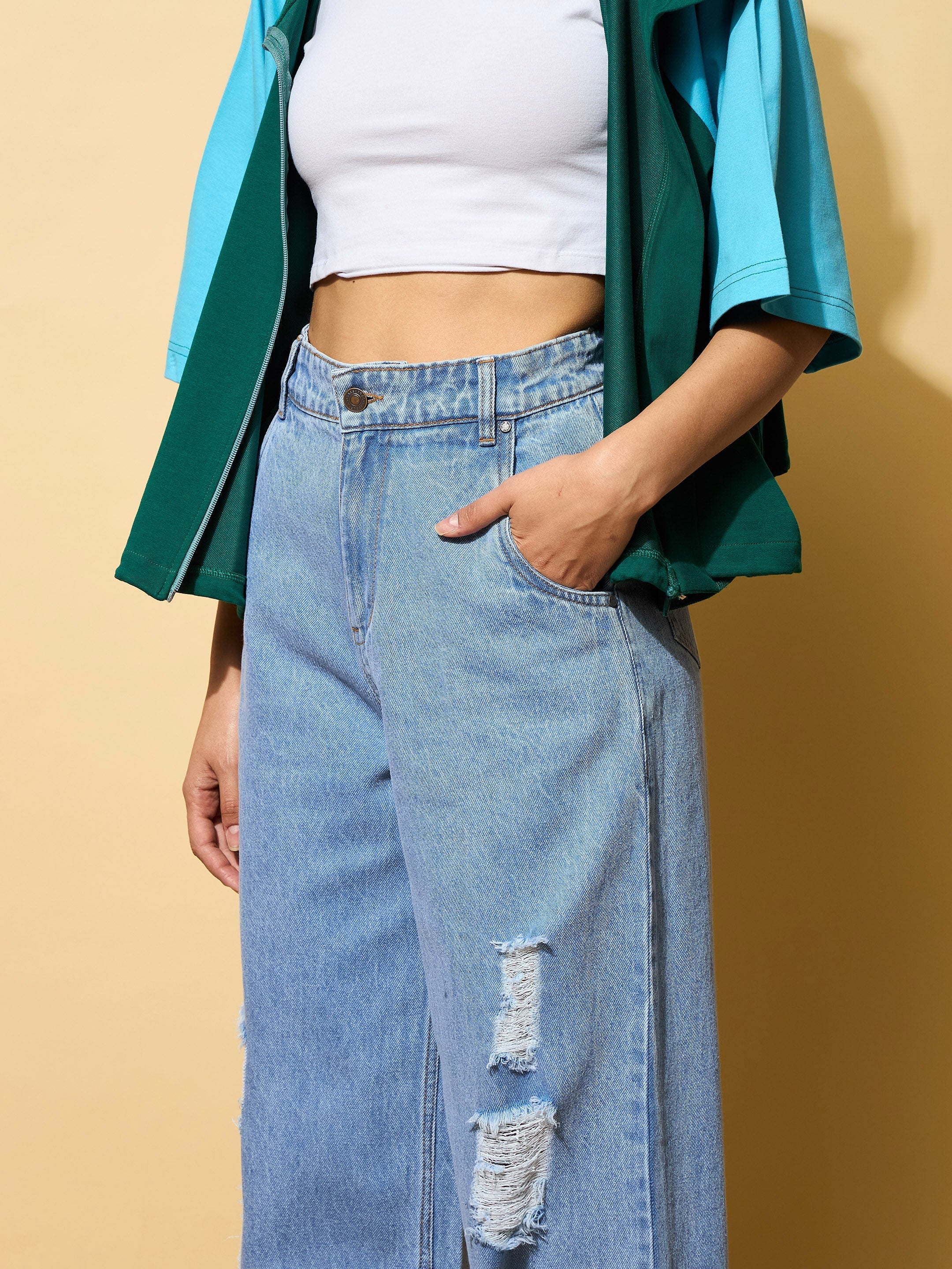 Women's Light Blue Heavy Distressed Straight Frayed Jeans