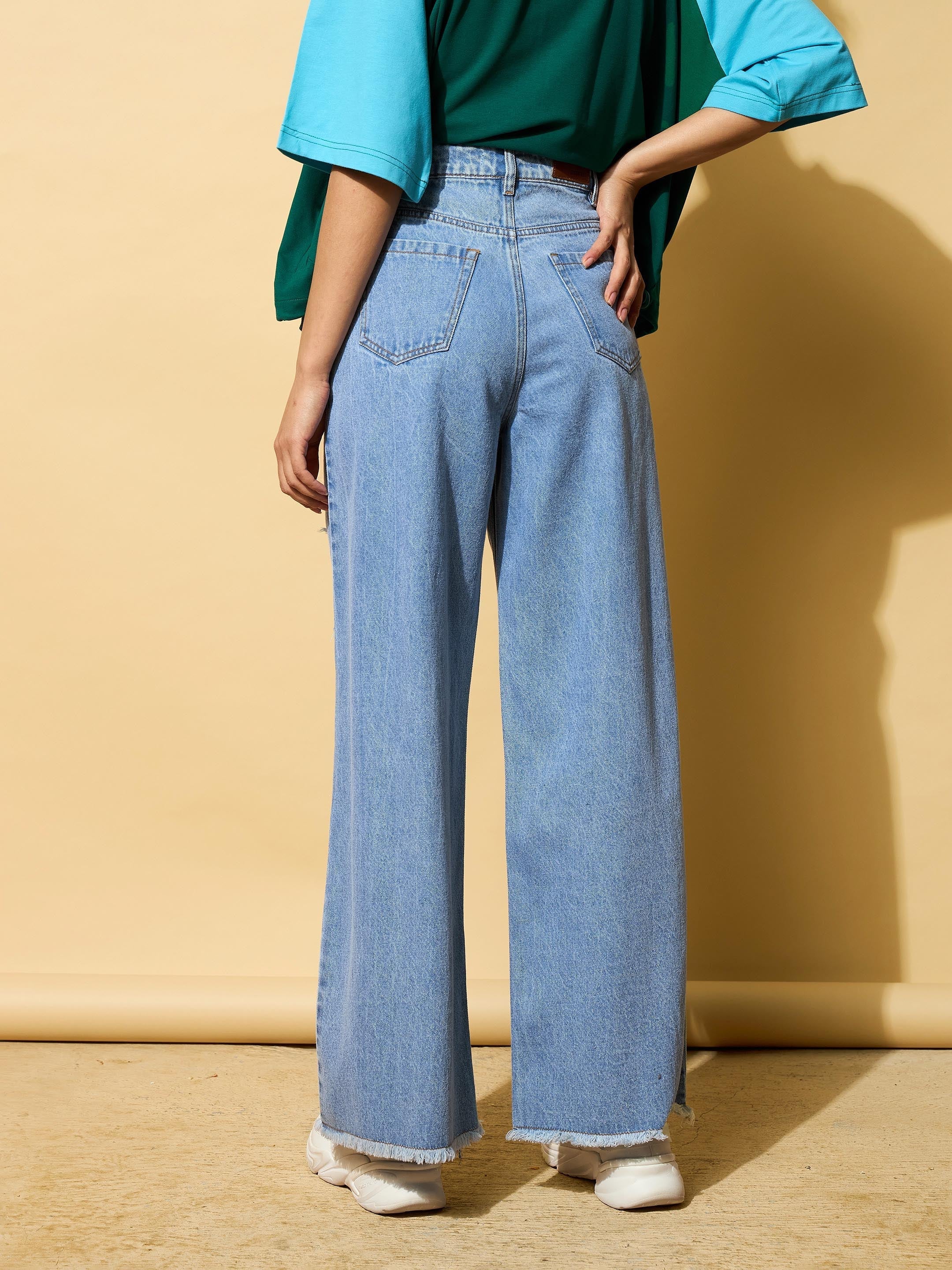 Women's Light Blue Heavy Distressed Straight Frayed Jeans