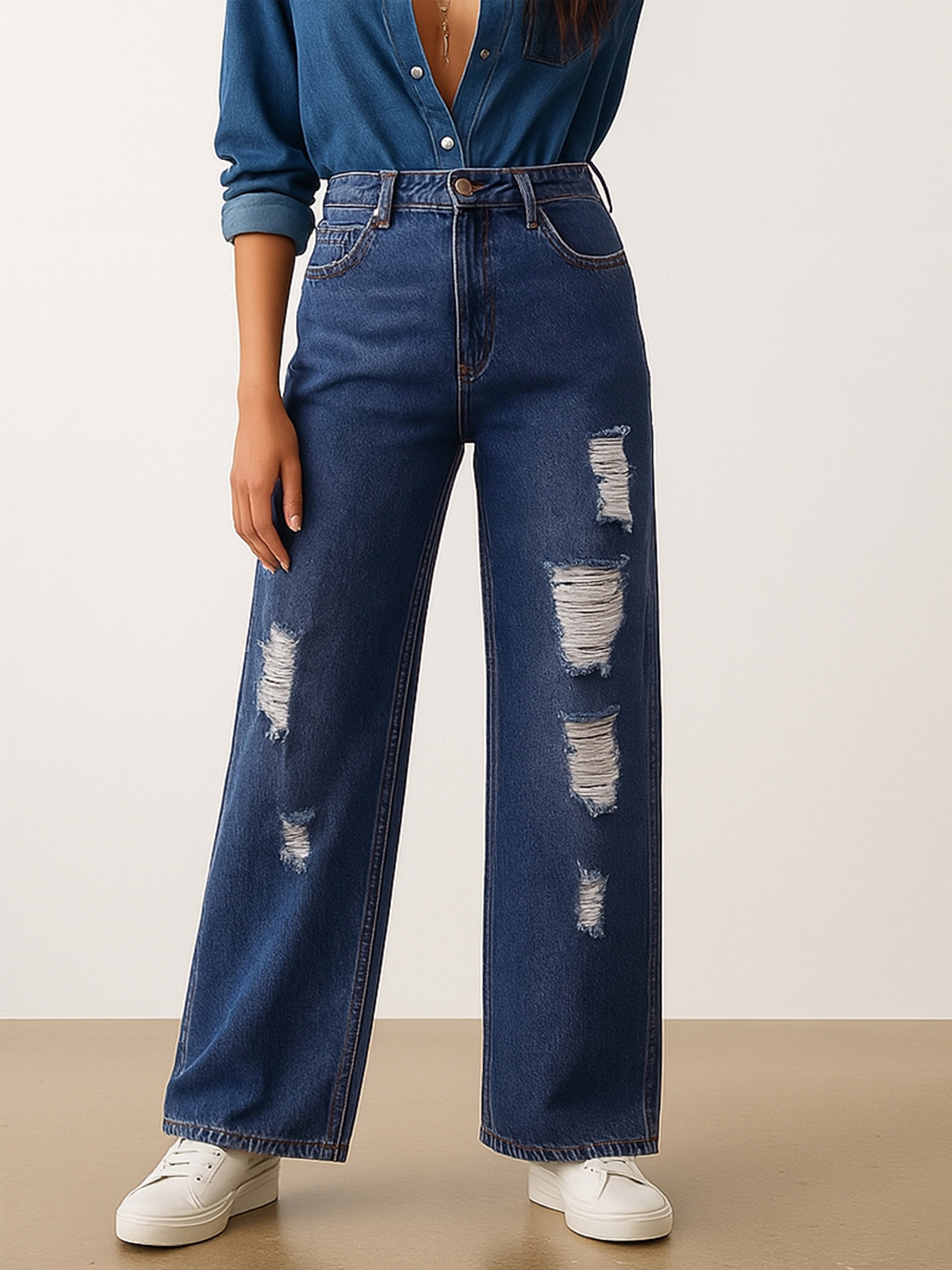 Women's Blue Blast Heavy Distressed Straight Frayed Jeans