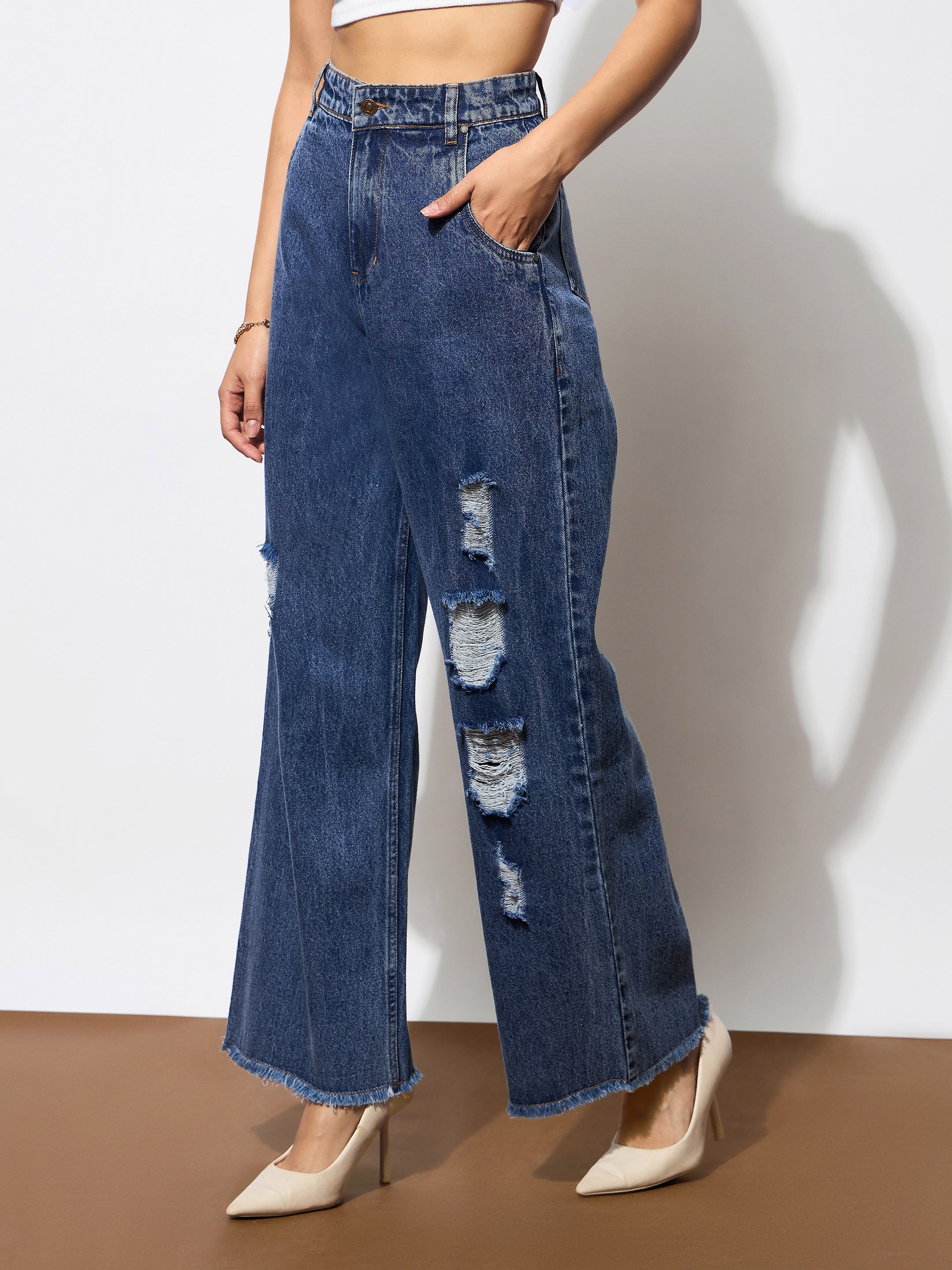 Women's Blue Blast Heavy Distressed Straight Frayed Jeans