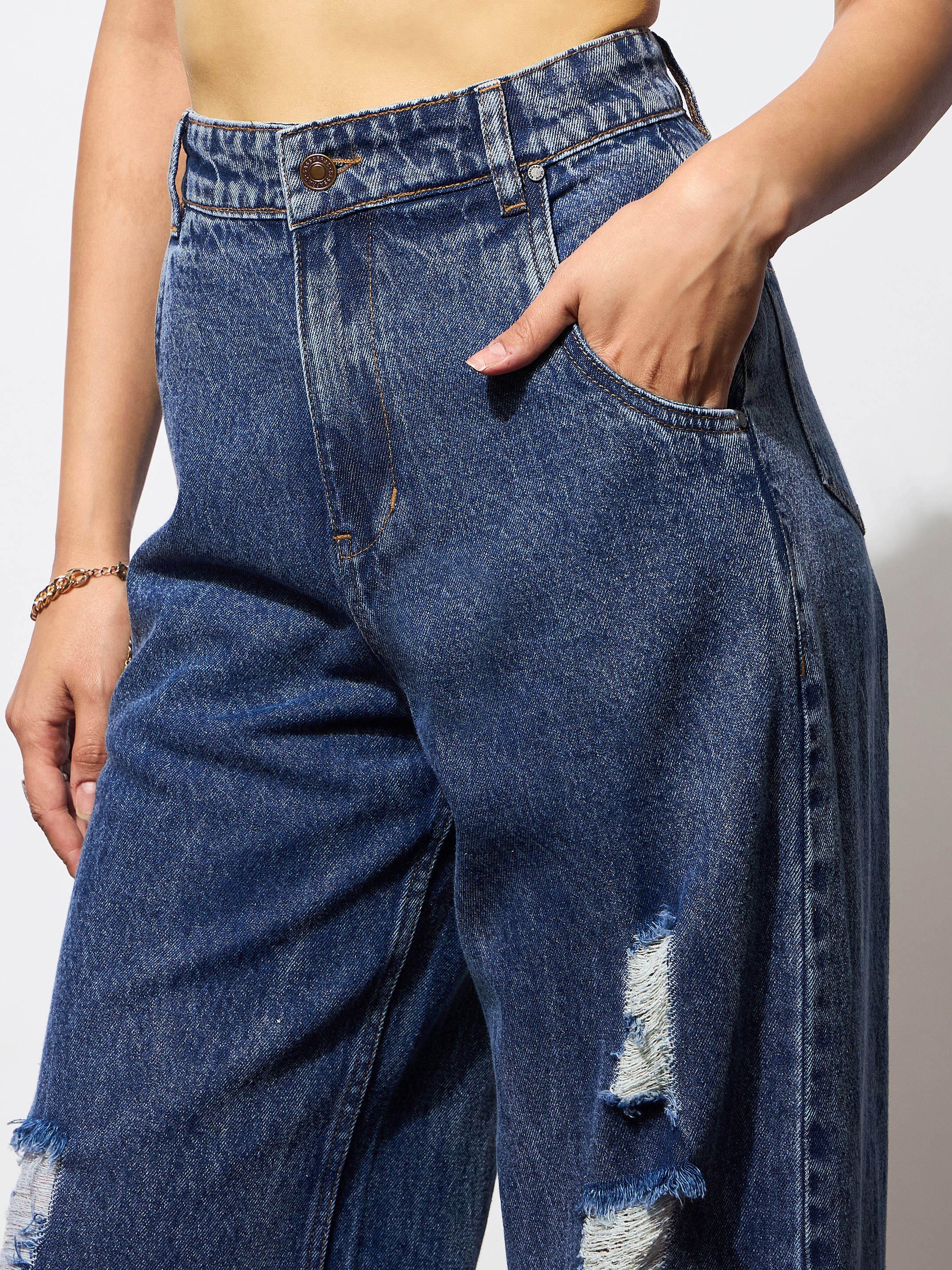 Women's Blue Blast Heavy Distressed Straight Frayed Jeans
