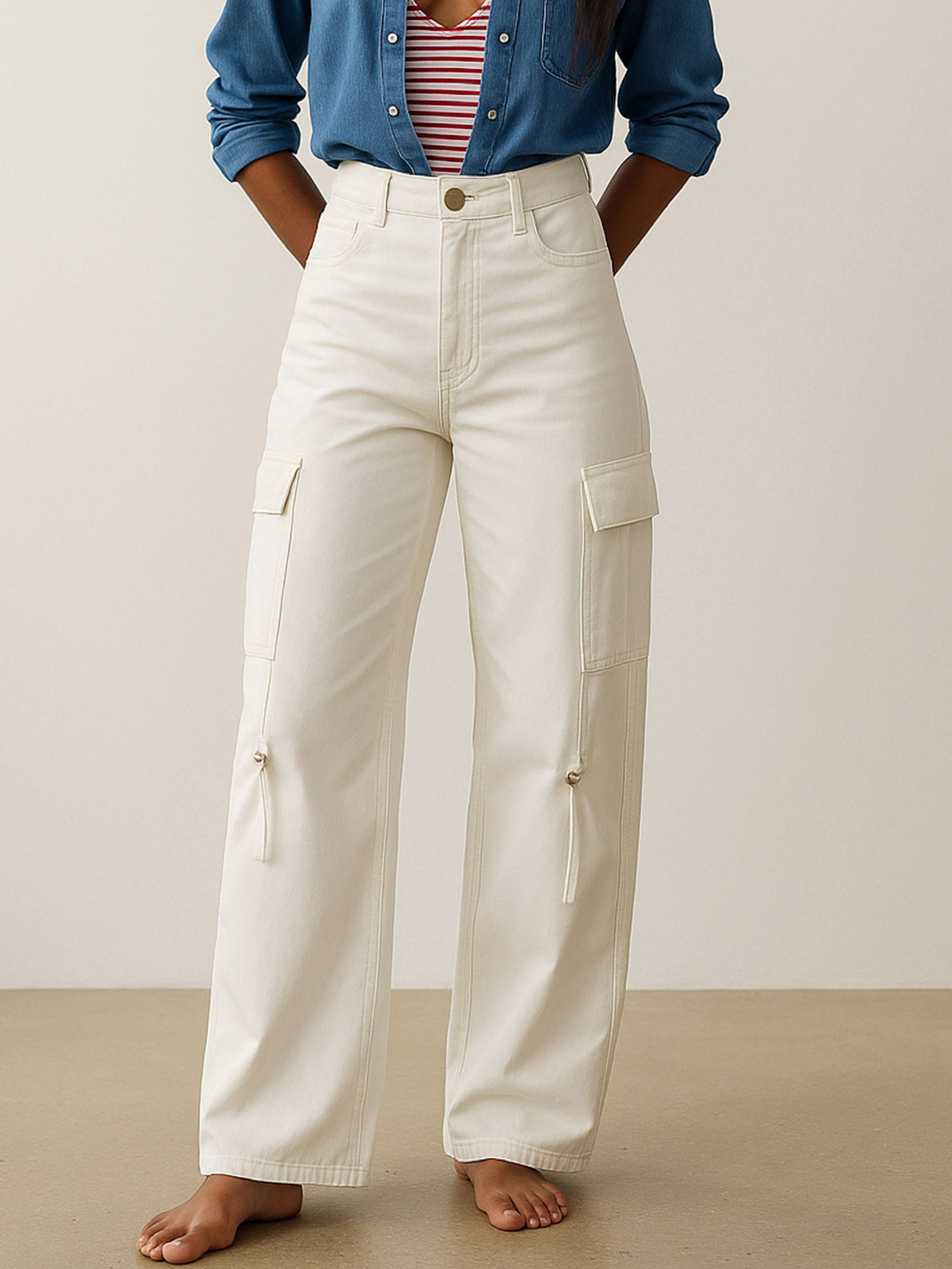 Women's White Twill Cargo Jeans With Looped Straps