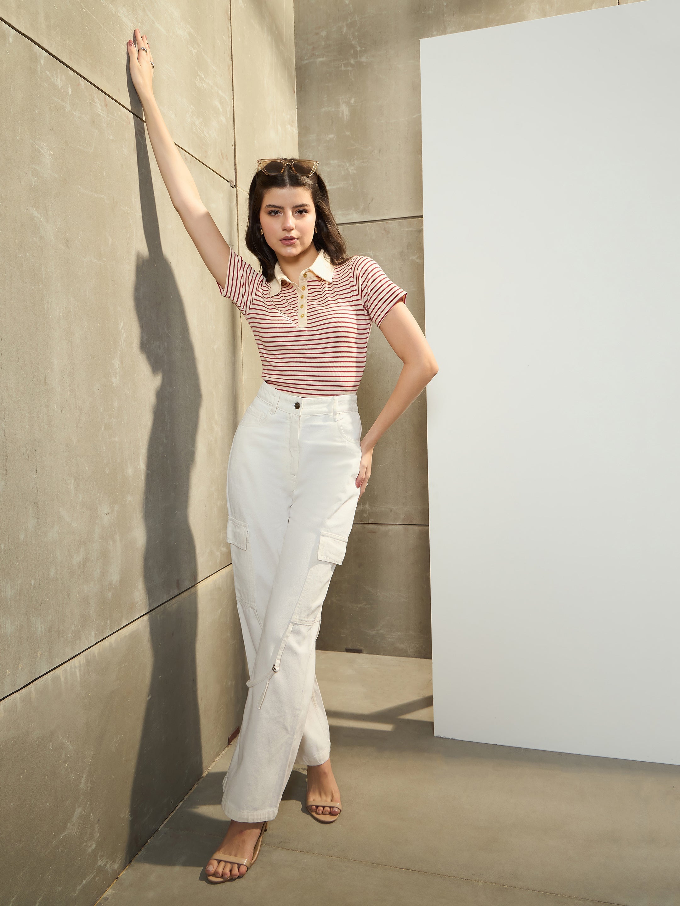 Women's White Twill Cargo Jeans With Looped Straps