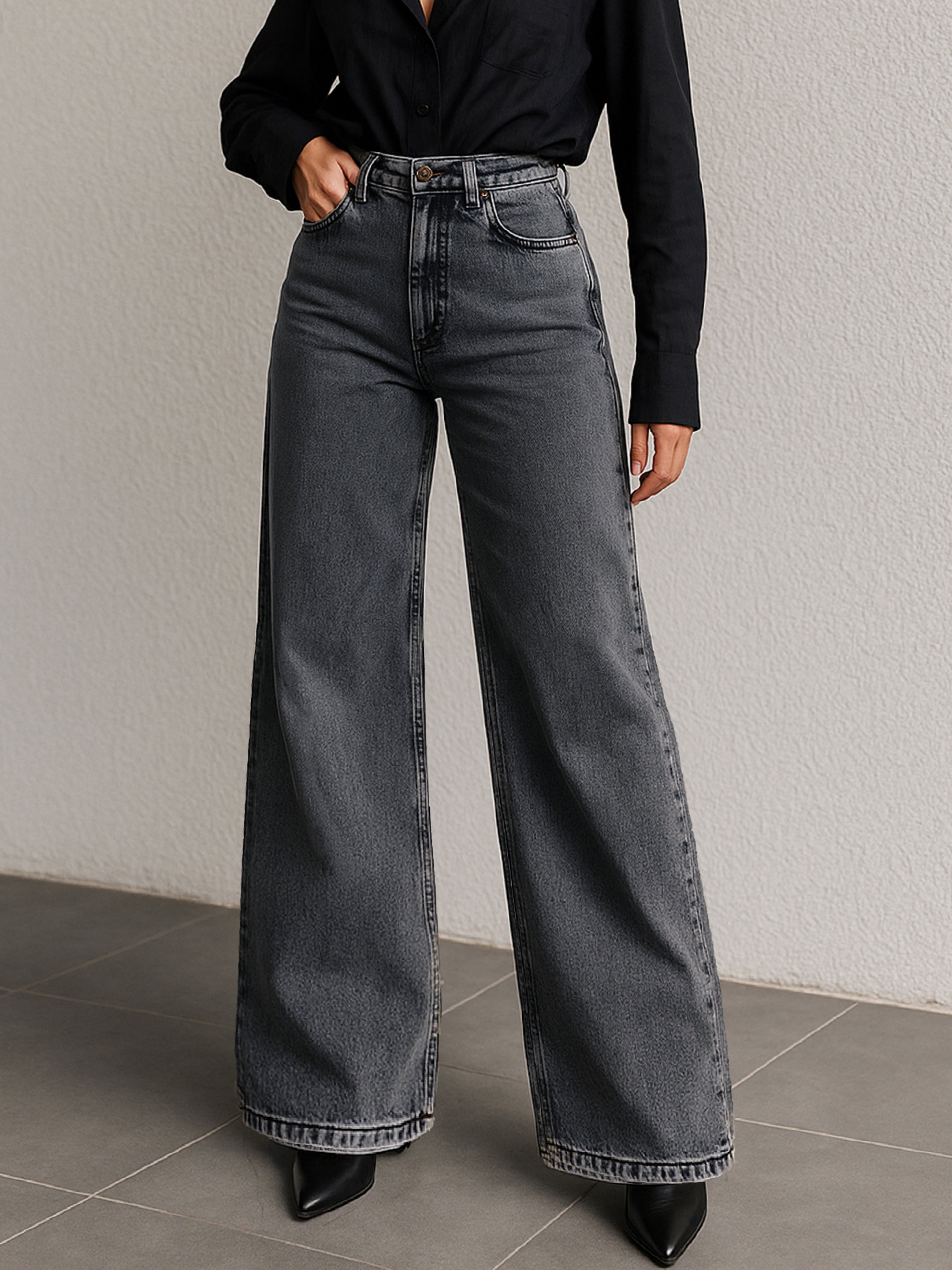 Women's Grey Low Waist Wide Leg Jeans