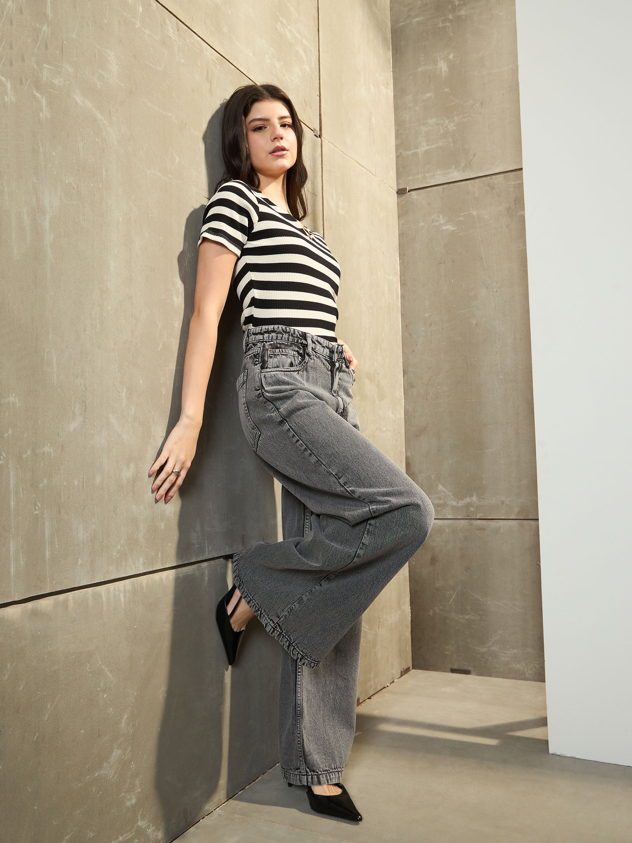 Women's Grey Low Waist Wide Leg Jeans