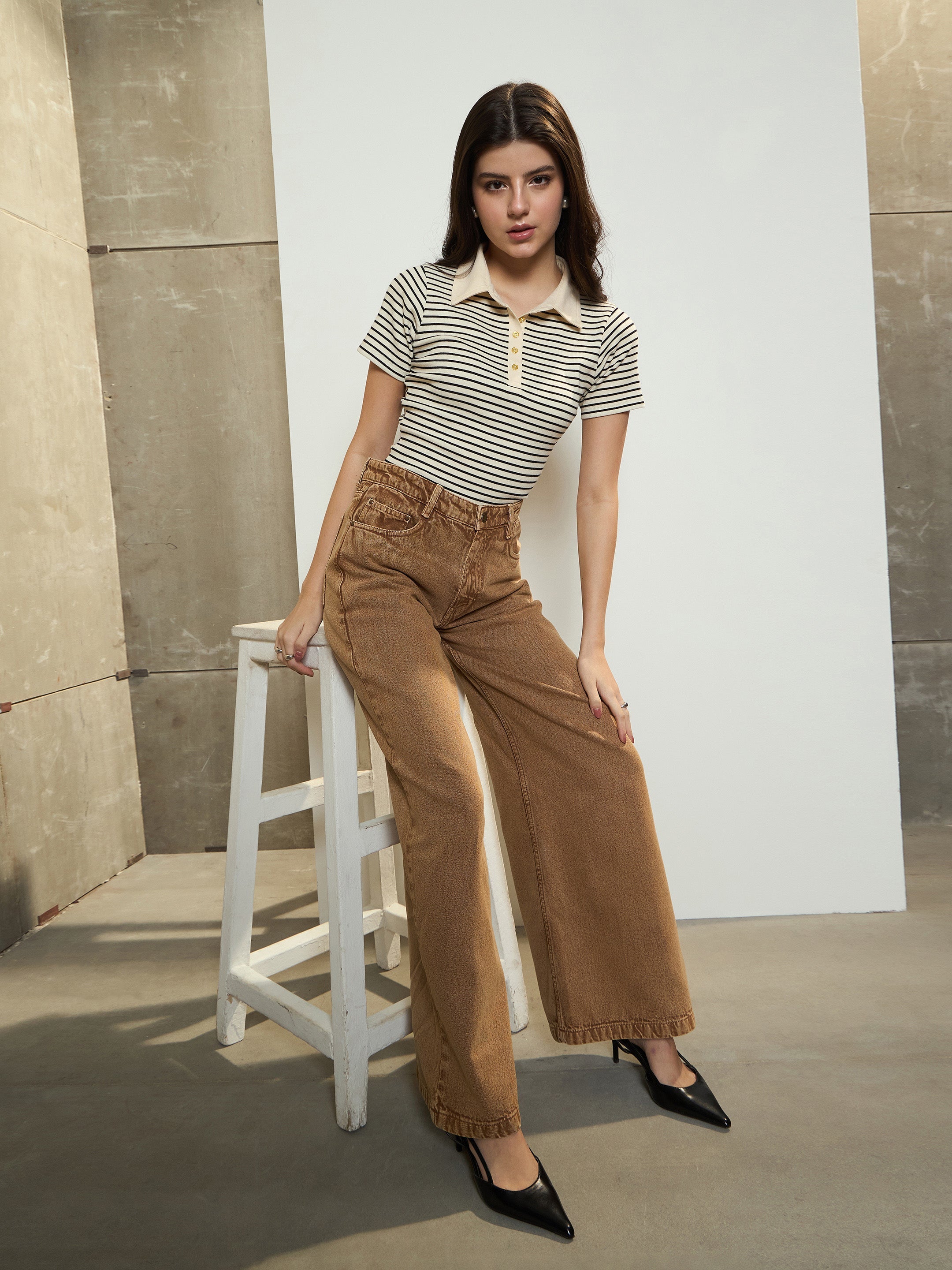 Women's Brown Low Waist Wide Leg Jeans