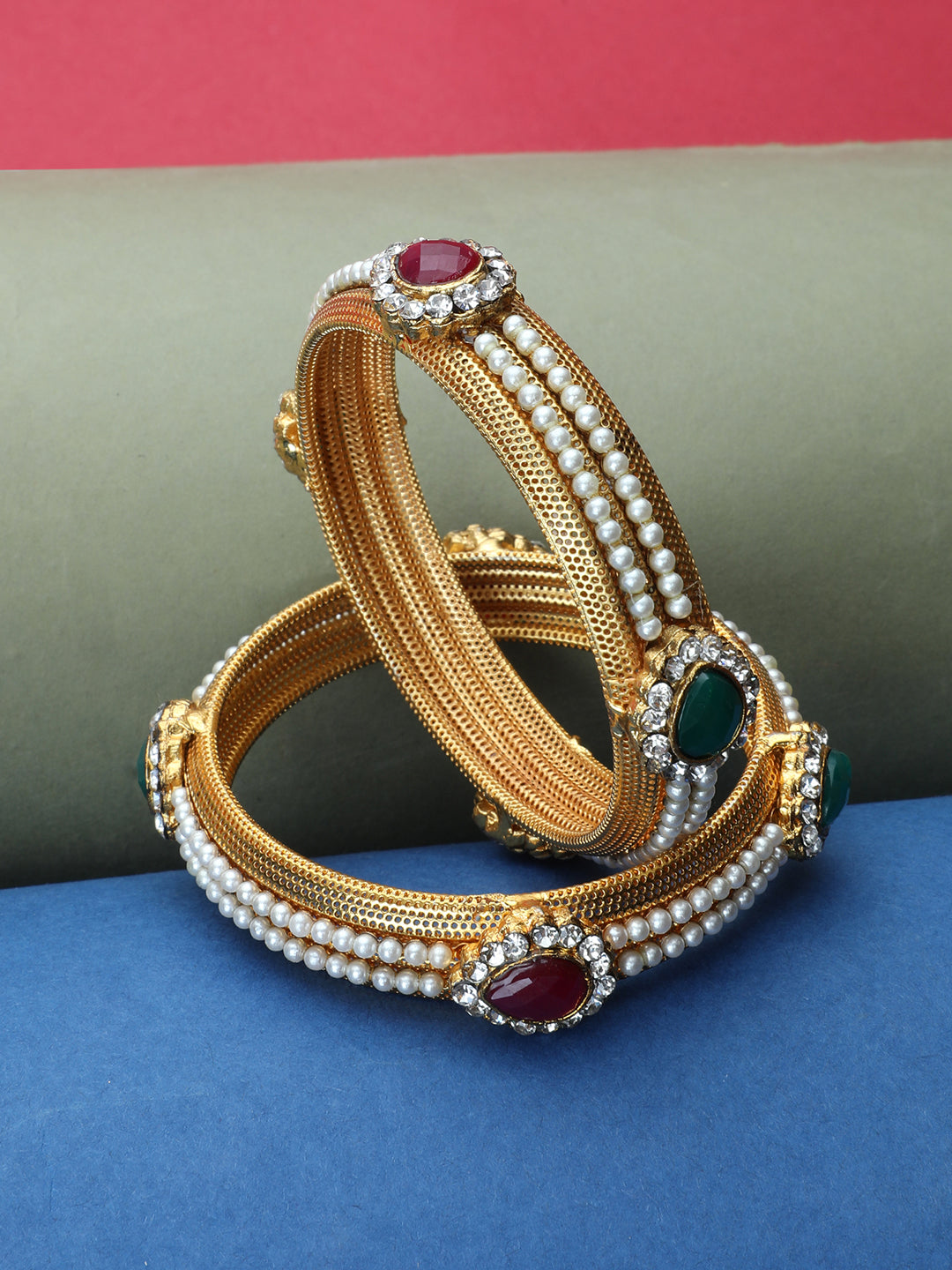 Women's Designer Gold Plated Pearl and Stone Multi colour Bangles Set of 2 - Anikas Creation