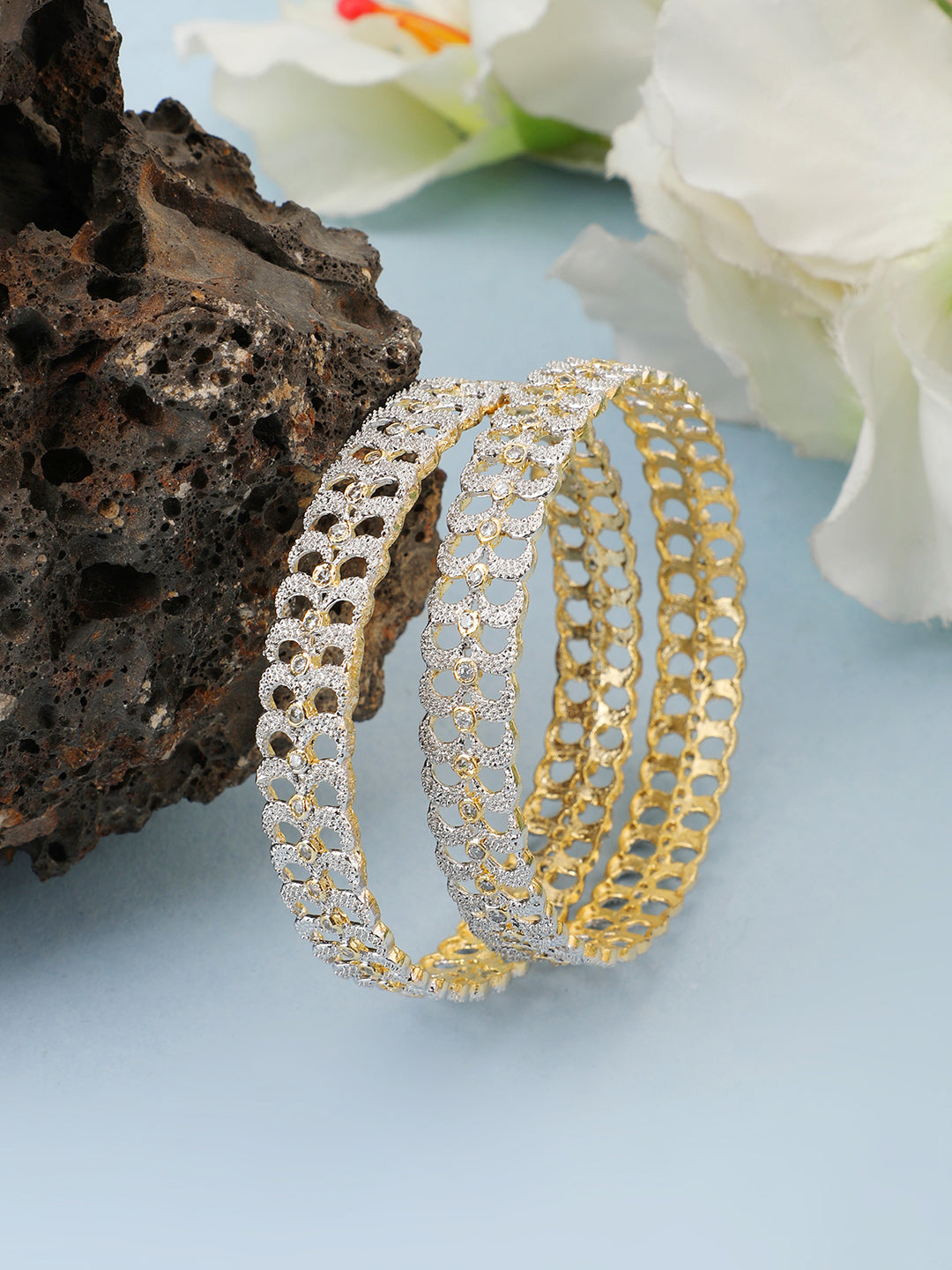 Women's Set of 2 Silver-Toned & Gold-Toned Stone-Studded Bangles - Anikas Creation