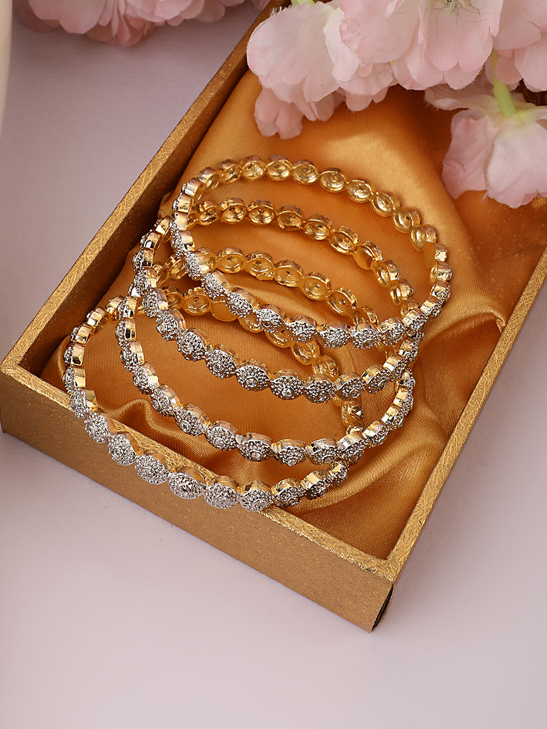 Women's Set of 4 Silver-Toned Gold-Plated Stone Studded Bangles - Anikas Creation
