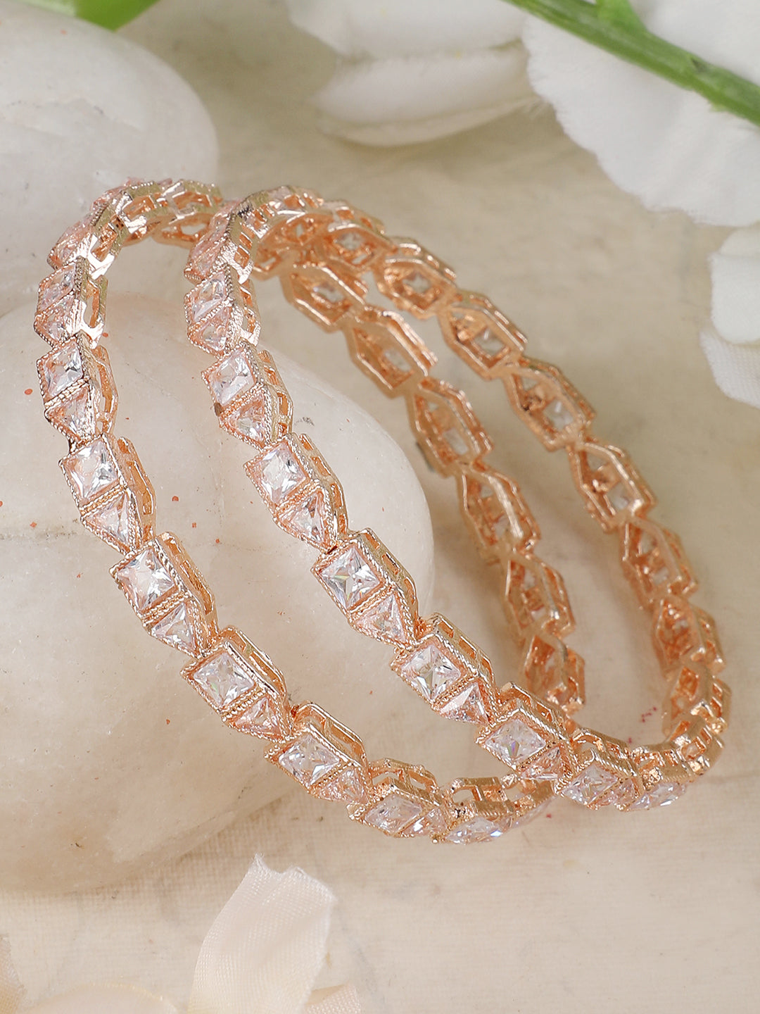 Women's Set Of 2 Rose Gold-Plated & White Ad-Studded Baguette Cut Bangles